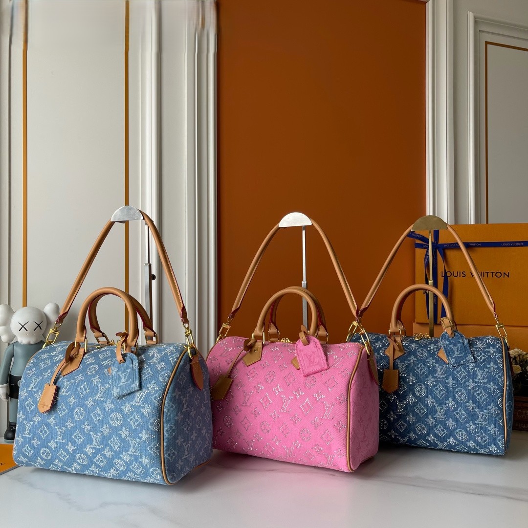 Louis Vuitton LV Speedy 30 Full Crystal Rhinestone Monogram Denim Boston Top Handle Bag - KAIROO