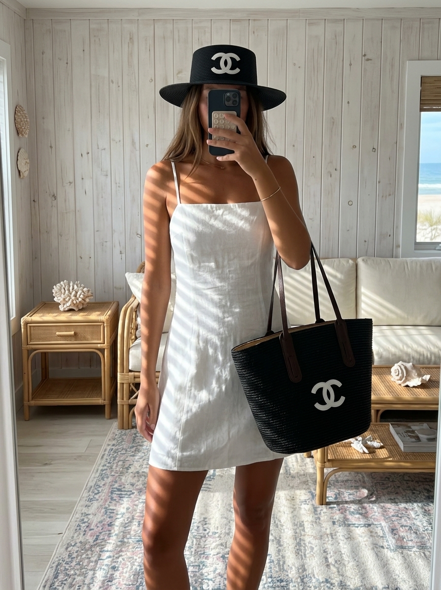Chanel Minimalist Black Woven Raffia Tote Bag & Matching Flat Wide-Brim Sun Hat Beach Set - KAIROO