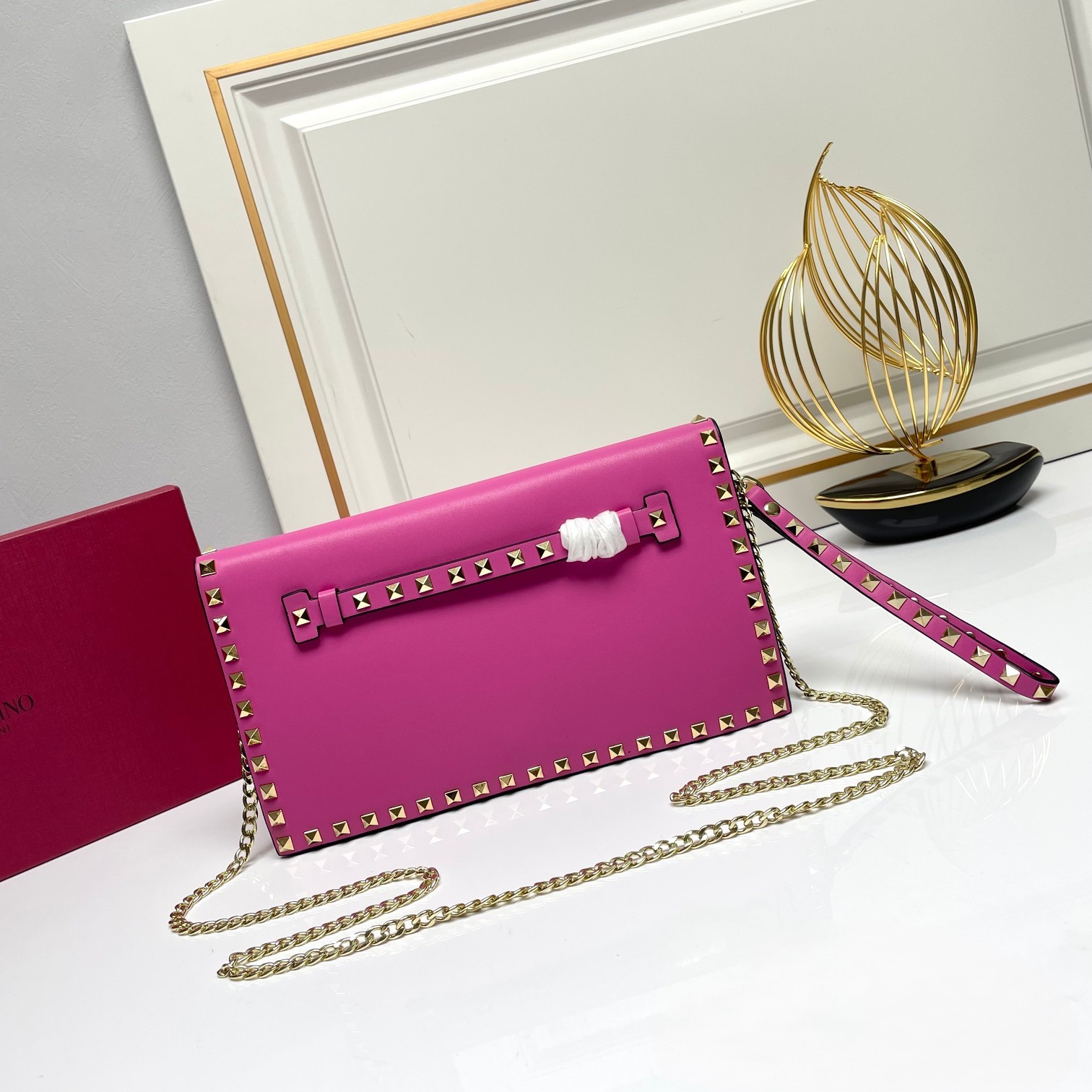 Valentino Rockstud Fuchsia Leather Gold Studs Flap Wristlet Strap Clutch Chain Envelope Crossbody Bag - KAIROO