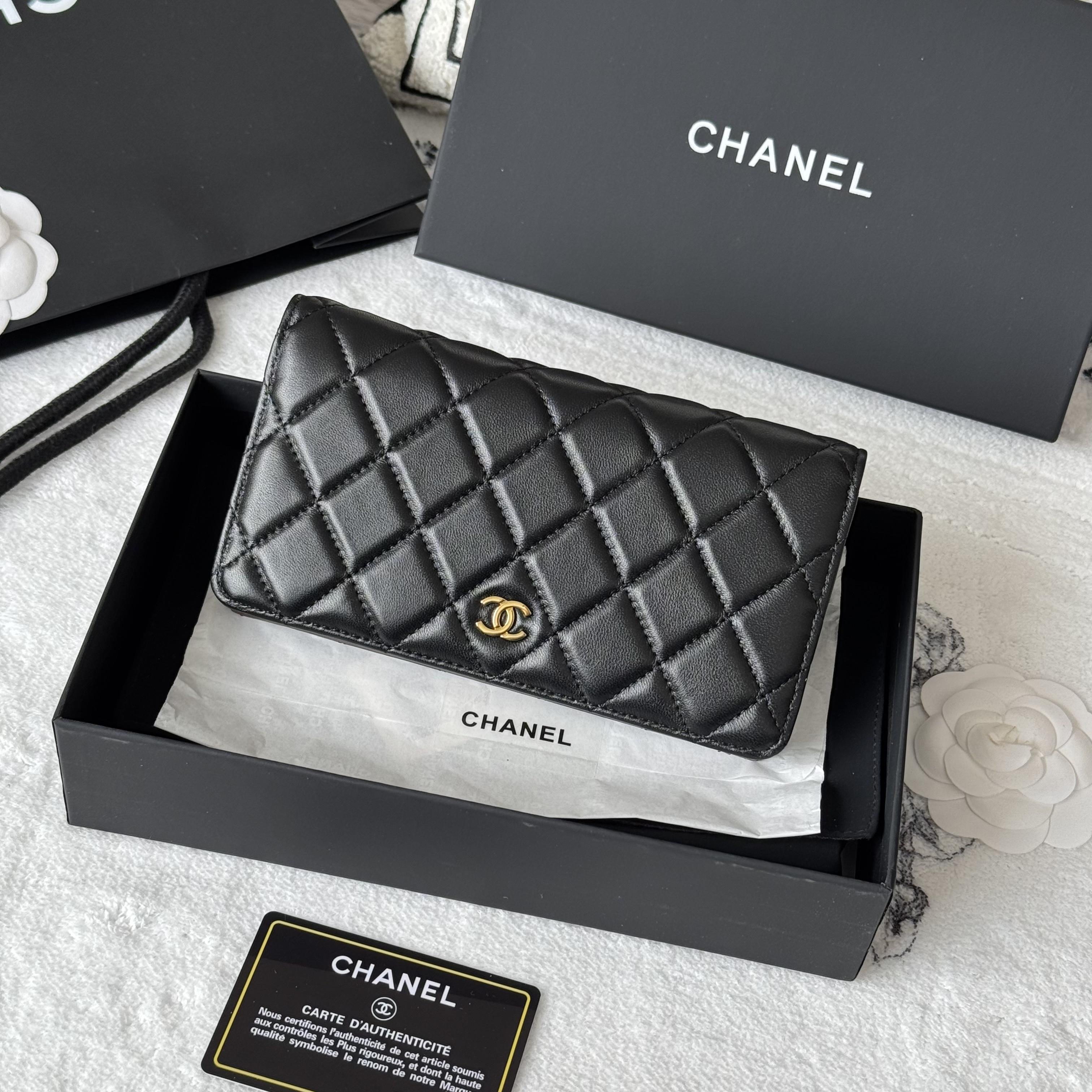 Chanel Classic Long Folded Wallet in Black Lambskin