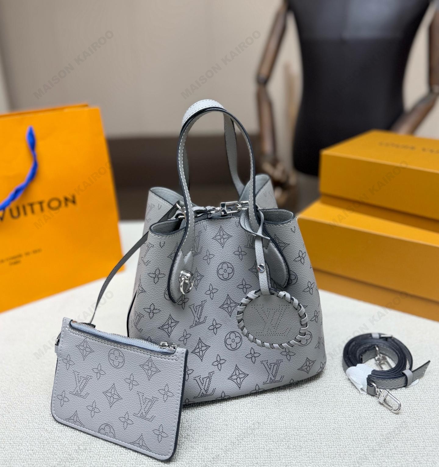 Louis Vuitton LV Mahina Blossom PM Grey Dense Perforated Monogram Leather Basket Handle Tote Bag - KAIROO
