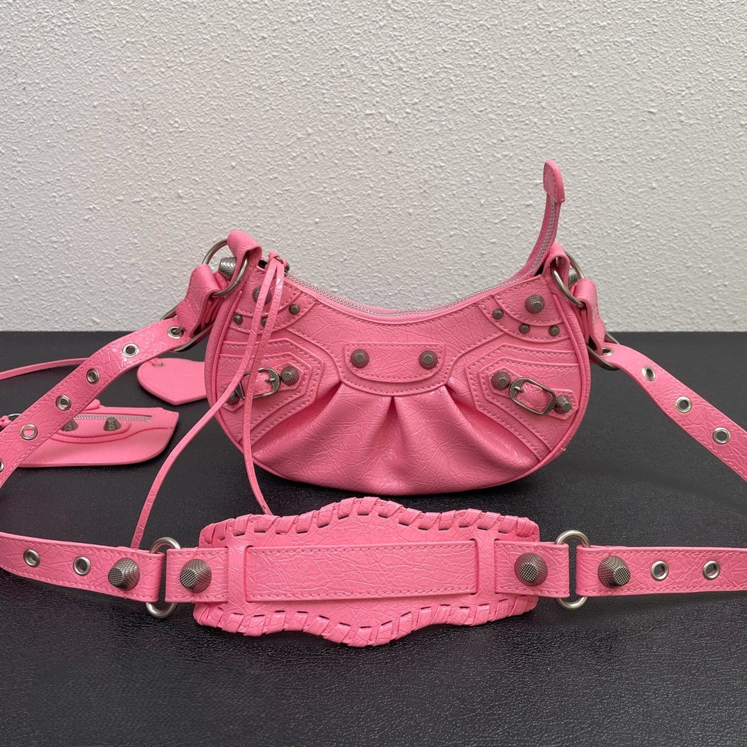 Balenciaga Le Cagole Small Hot Pink Limited Crinkled Leather Studded Purse & Heart Mirror Charm Hobo Shoulder Bag - KAIROO