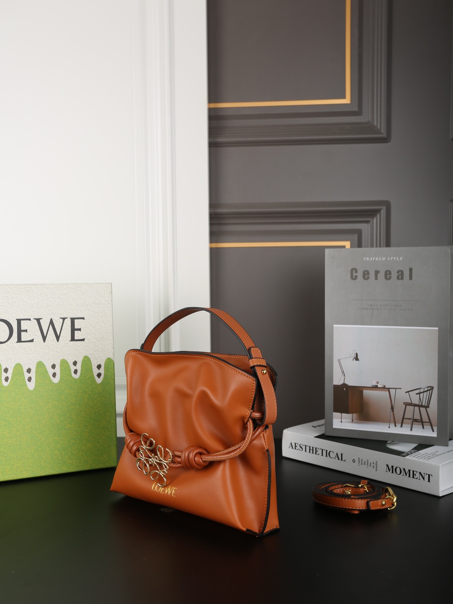 Loewe Tan Mini Flamenco Clutch Drawstring Knots Nappa Leather Magnetic Closure Handle Bag - KAIROO