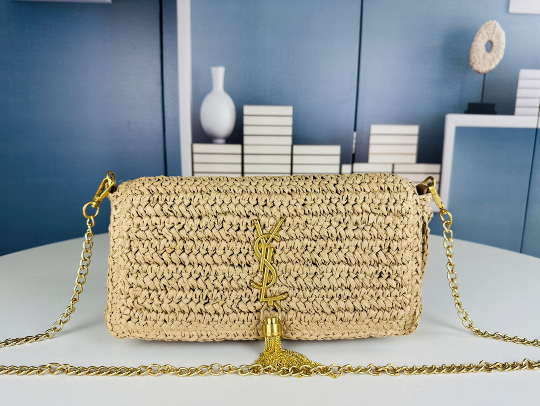 Saint Laurent Kate Woven Raffia Chain Shoulder Bag with Gold Metal Tassel - KAIROO