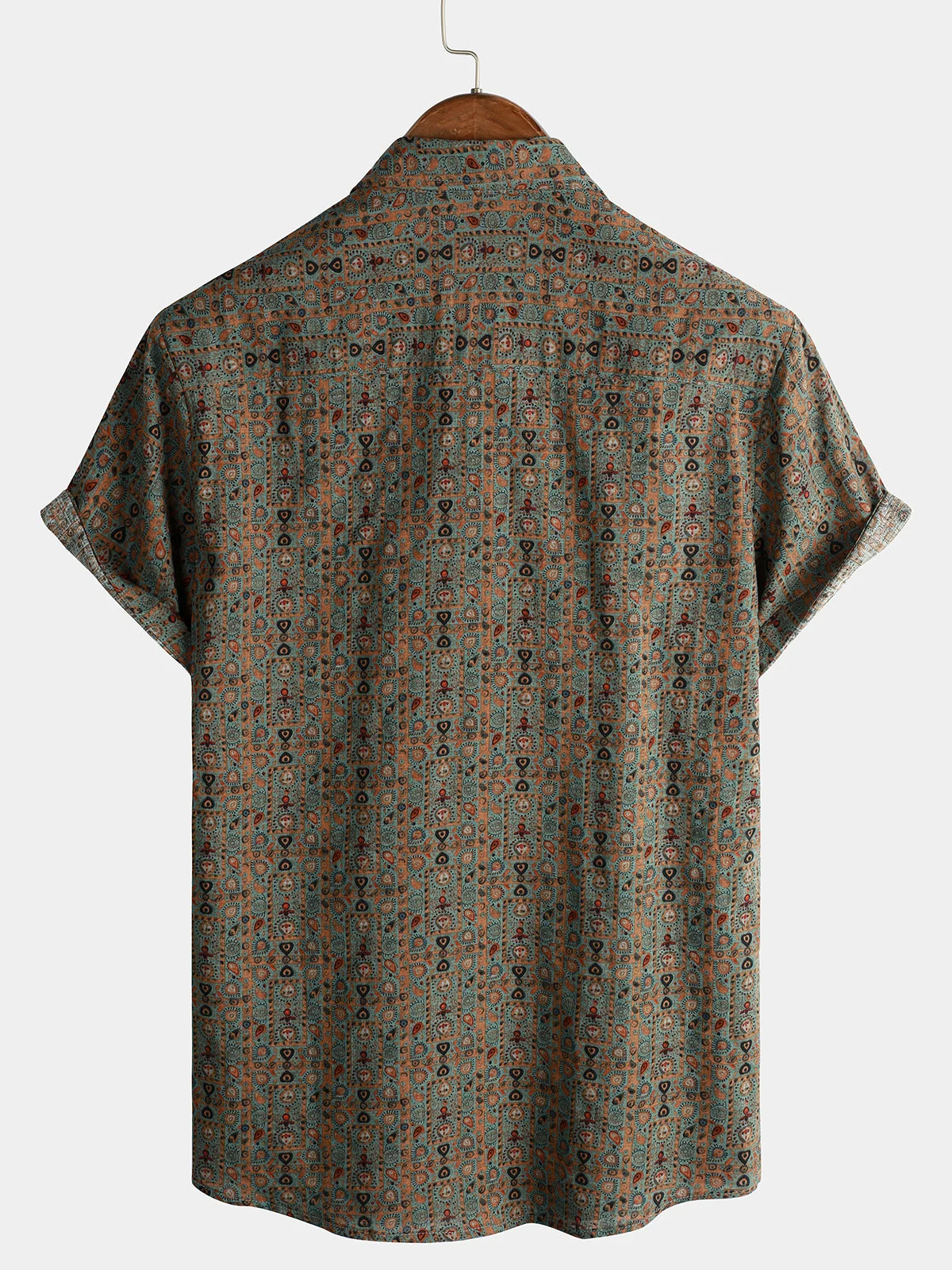 Men's Vintage 70s Brown Paisley Tribal Boho Retro Short Sleeve Shirt