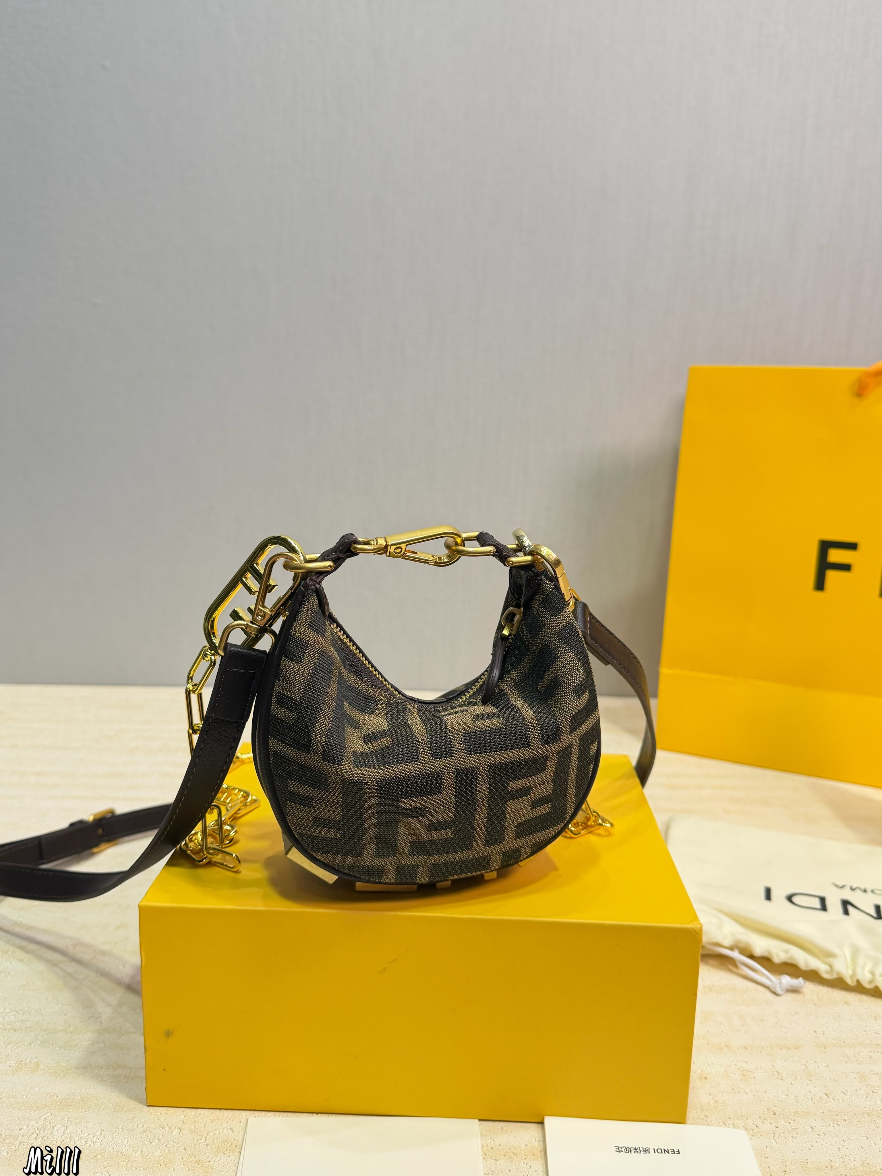 Fendi Fendigraphy FF Nano Brown Jacquard Crescent Hobo Bottom Gold Lettering Logo Shoulder Bag - KAIROO