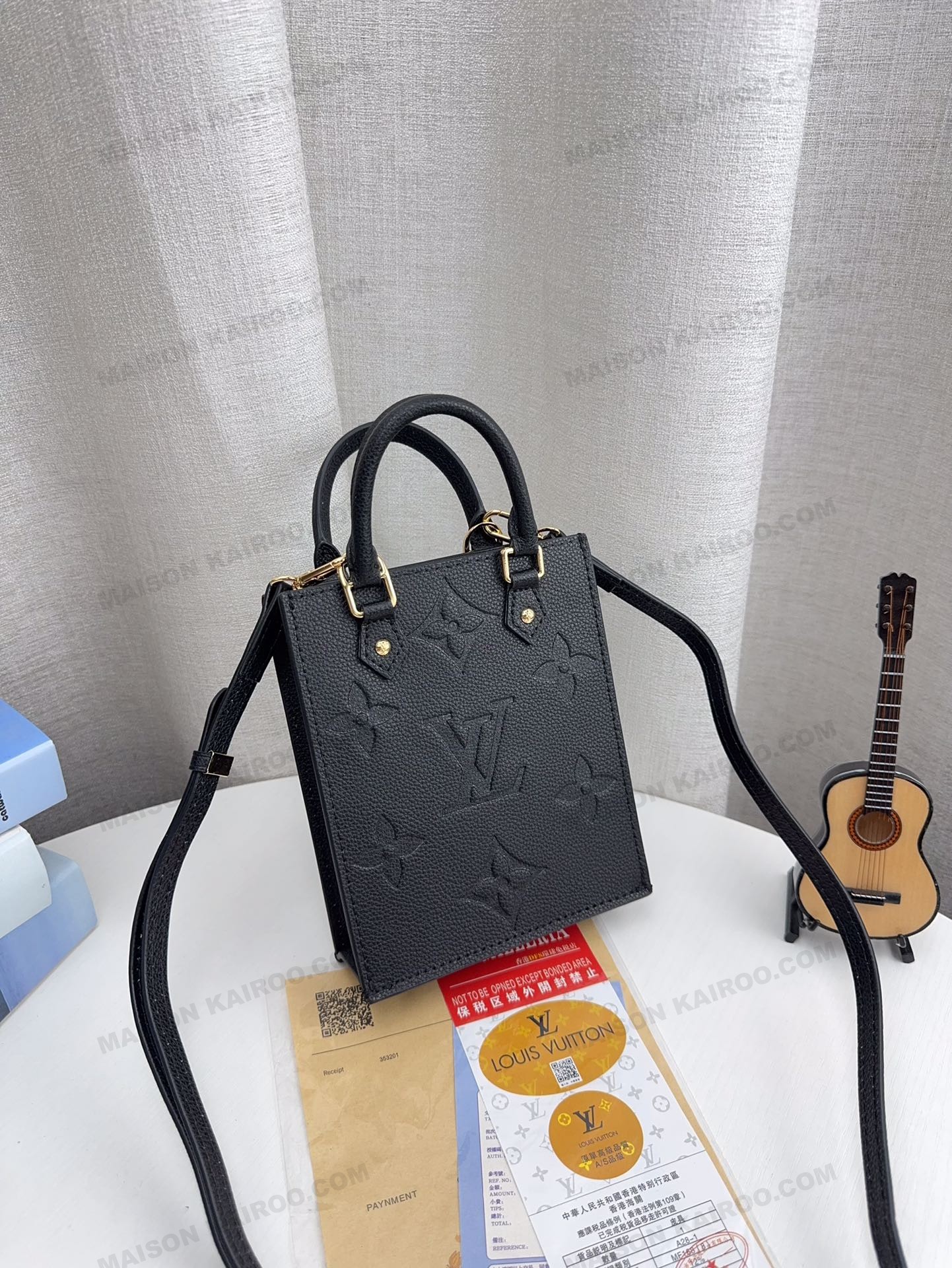 Louis Vuitton LV Petit Sac Plat Mini All Black Giant Monogram Embossed Leather Vertical Crossbody Tote Bag - KAIROO