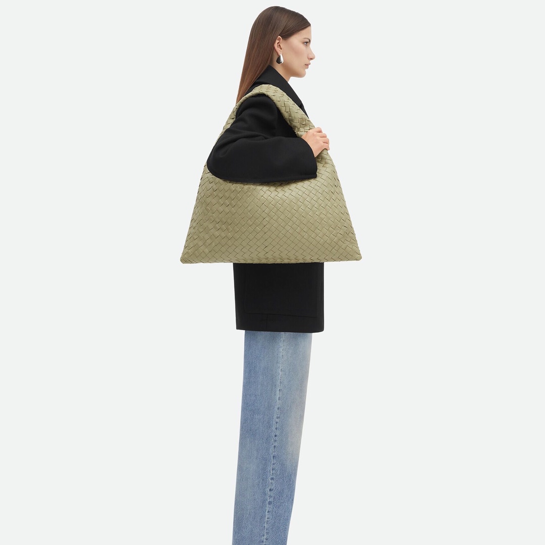 Bottega Veneta Small Hop Hobo Bag in Travertine Green Intrecciato leather