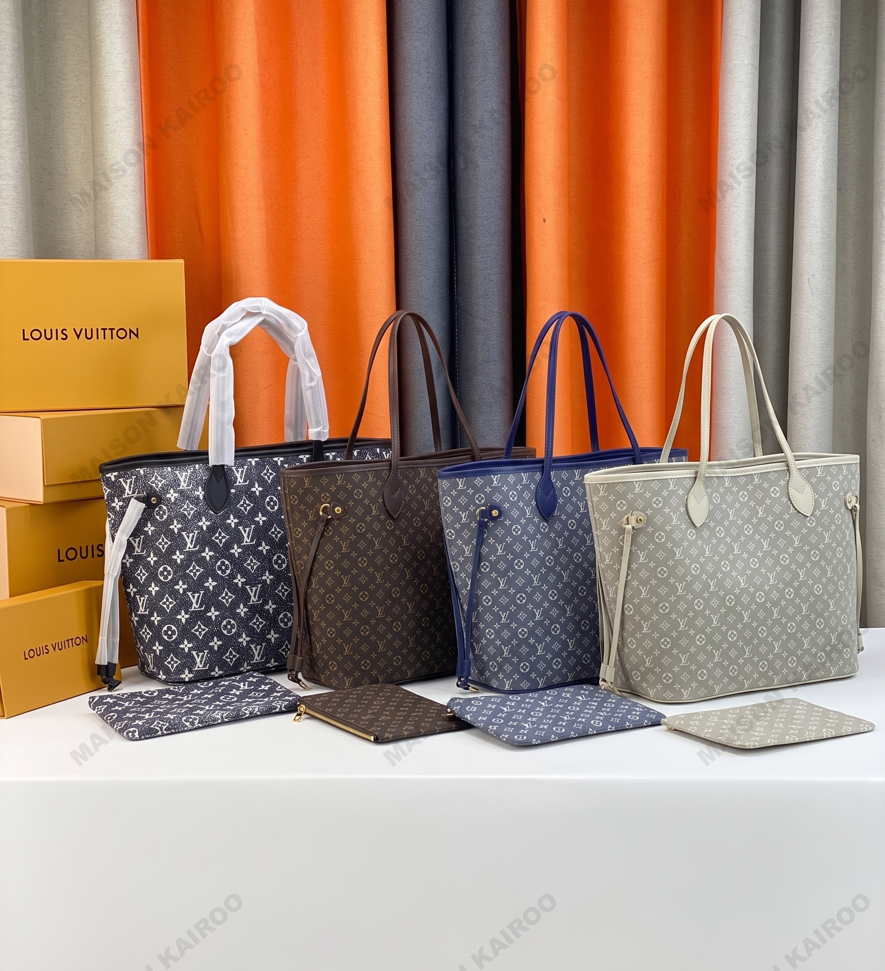 Louis Vuitton LV Neverfull MM Dense Monogram Jacquard Denim Tote Shoulder Bag With Pouch - KAIROO