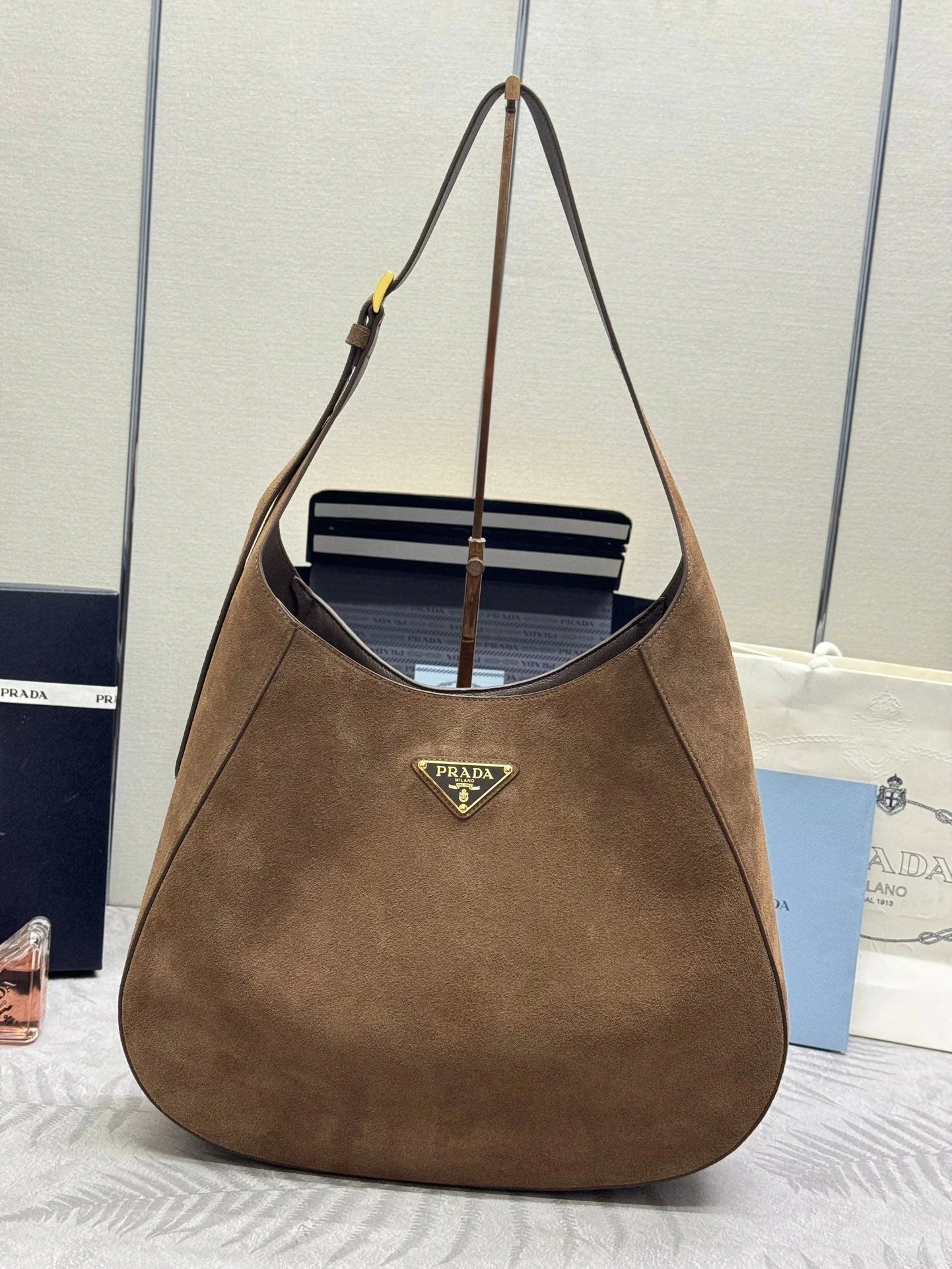 Prada  Cleo Crossbodybag 40cm Brown Nubuck Leather