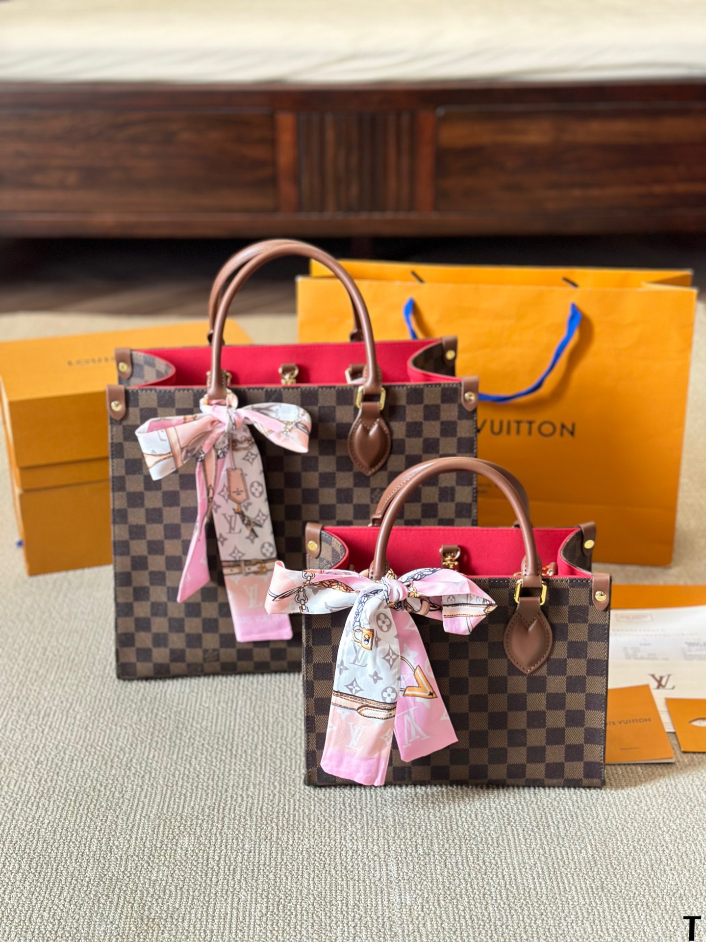 Louis Vuitton LV OnTheGo PM/MM Damier Ebene Checkerboard Canvas Leather Red Interior Top Handle Tote Bag - KAIROO