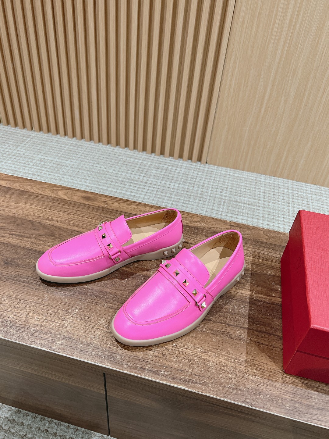 Valentino Garavani Fuchsia Smooth Leather Gold Rockstud Untitled Strap Rubber Sole Loafers - KAIROO