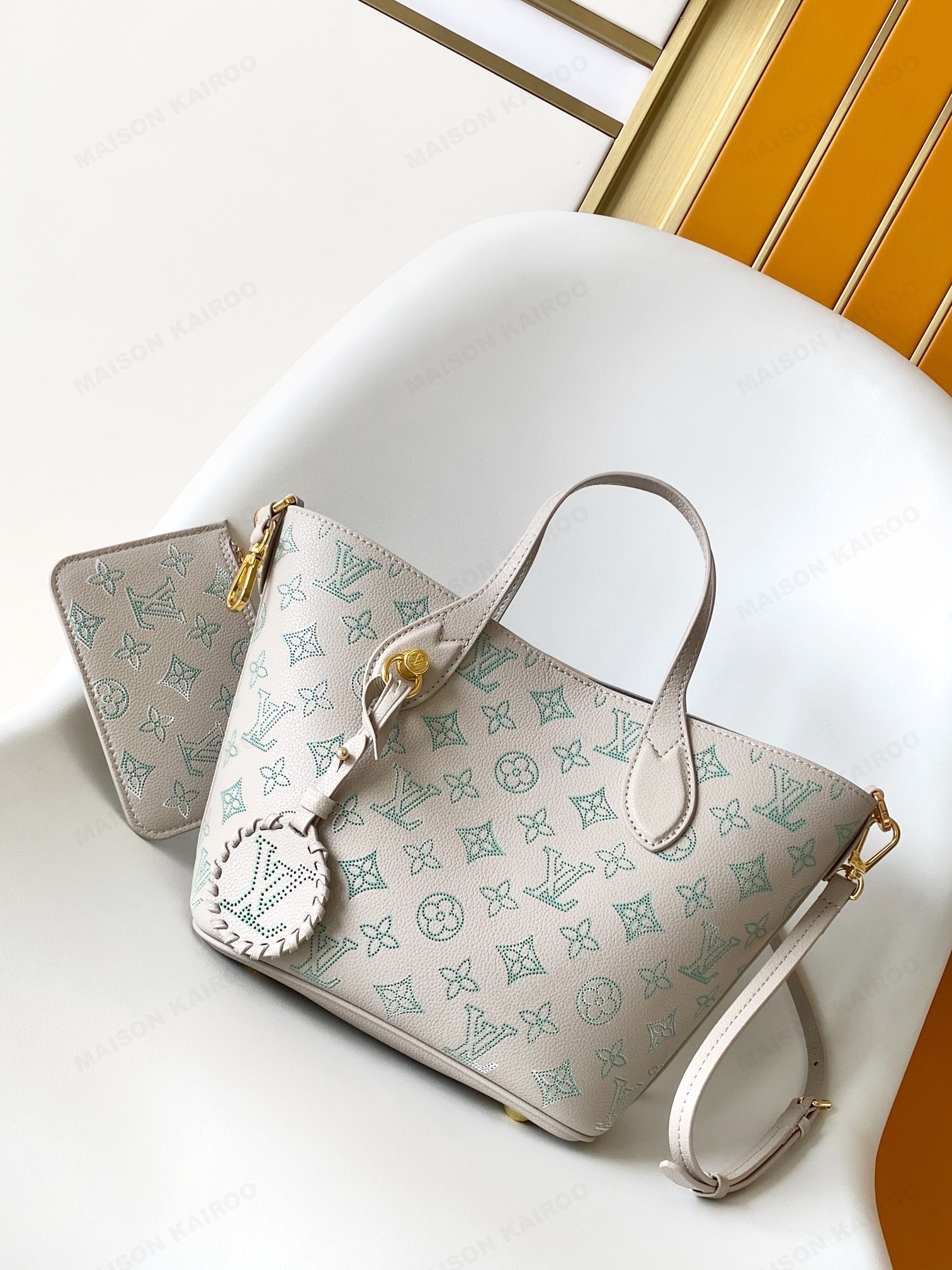 【10A】Louis Vuitton LV Mahina Blossom PM Grey Green Perforated Monogram Leather Basket Handle Tote Bag - KAIROO