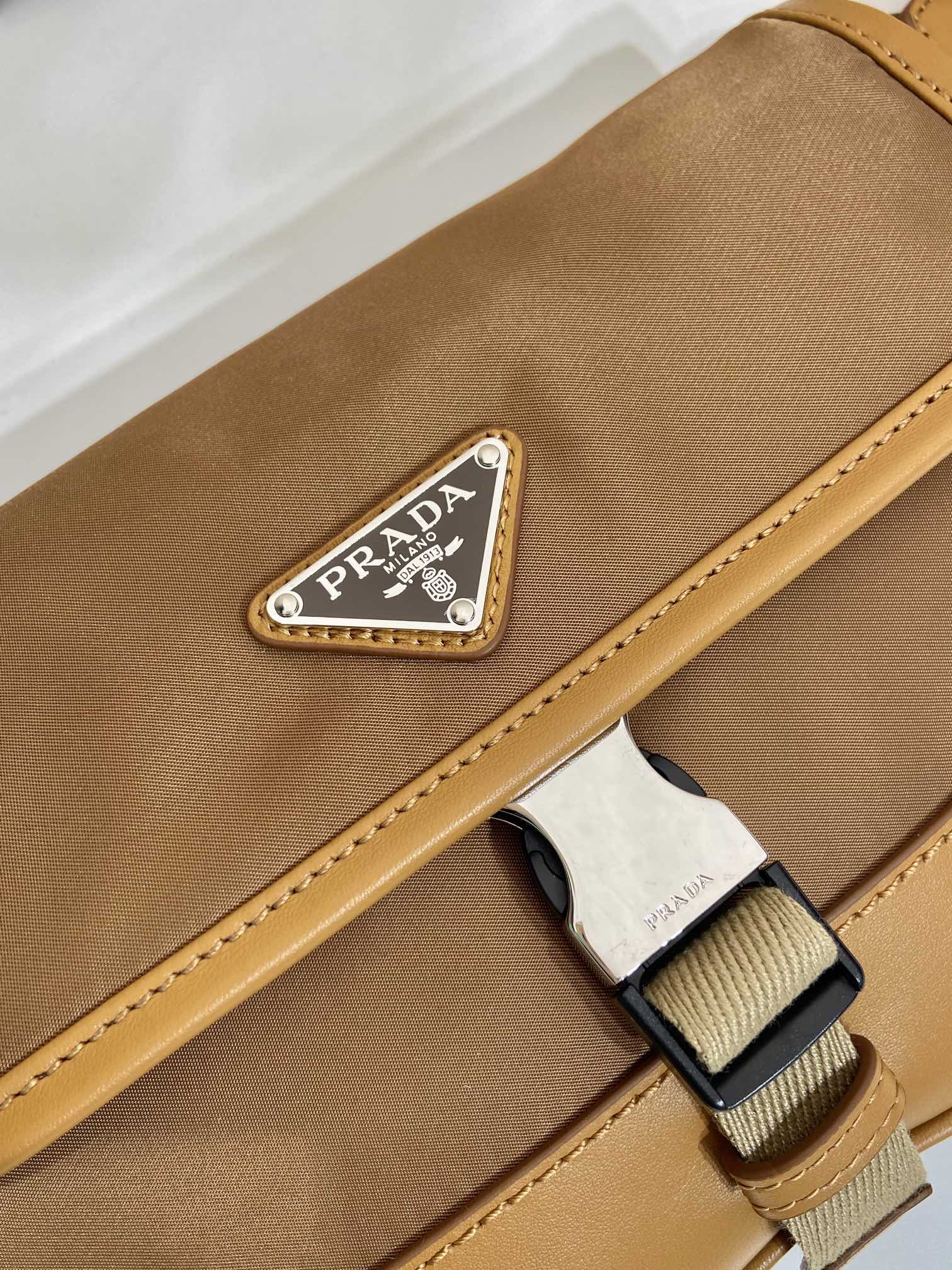 Prada BAG 18 IN SEPIA BROWN RE-NYLON AND CALFSKIN TRIM