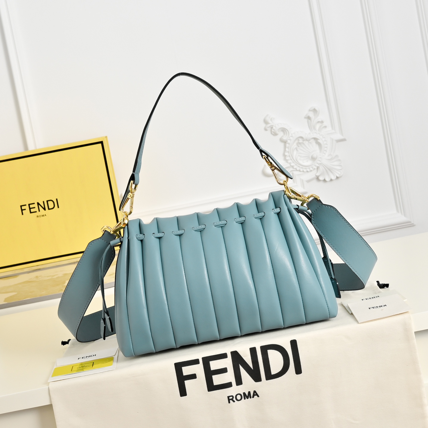 Fendi Misty Blue Pleated Leather Baguette Handbag - KAIROO