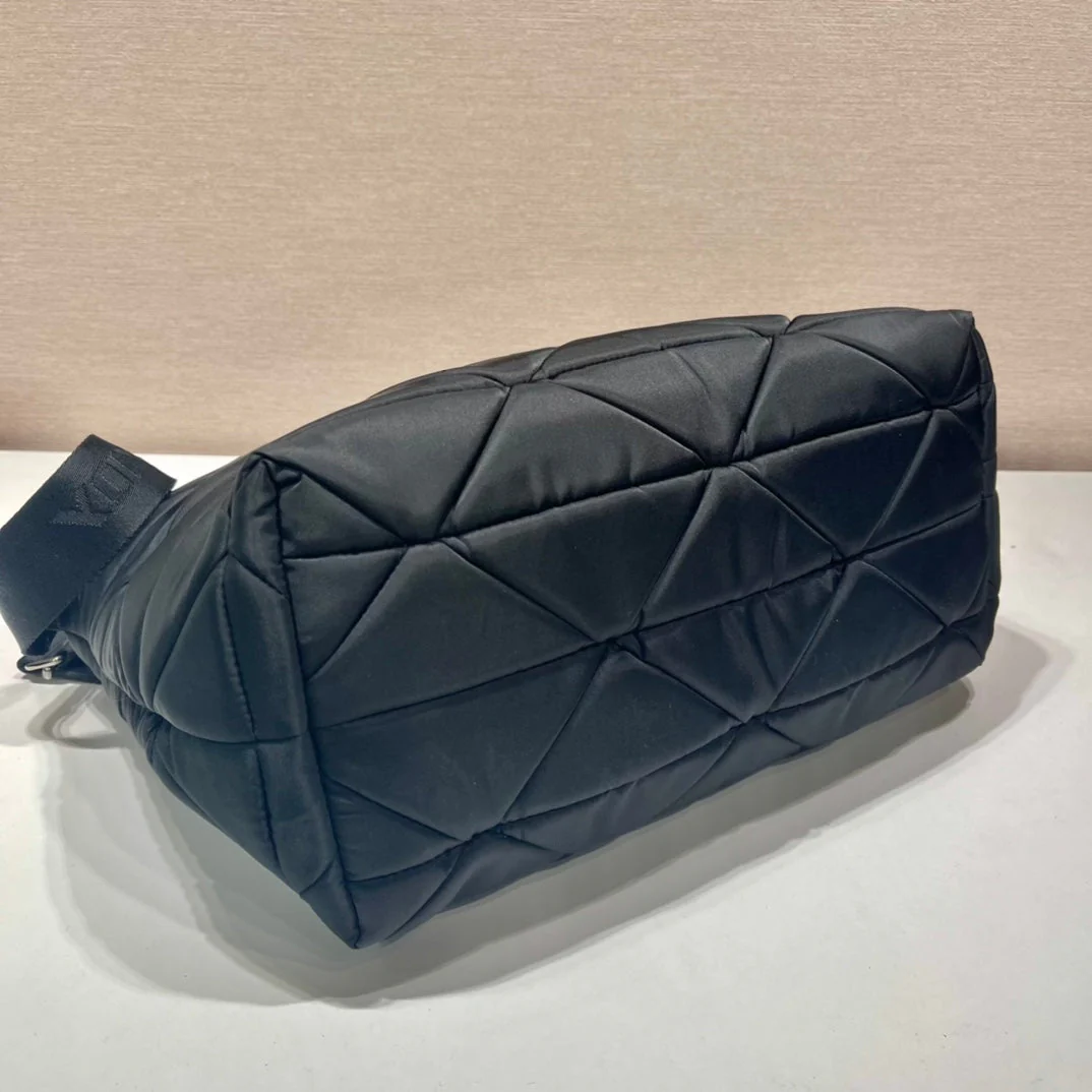 Prada TRIANGLE PATTERN TOTE BAG 33 IN BLACK QUILTED RE-NYLON