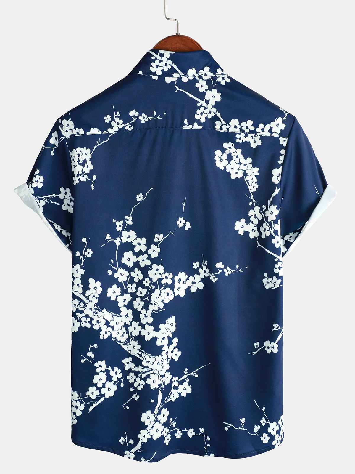 Men's Navy Blue Vintage Floral Print Casual Lapel Short Sleeve Shirt