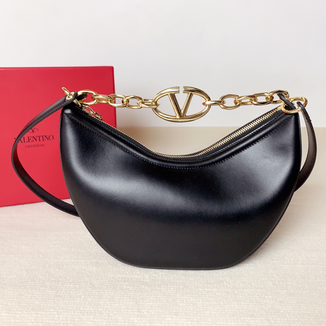 Valentino Small Vlogo Moon Hobo in Smooth Calfskin-Black