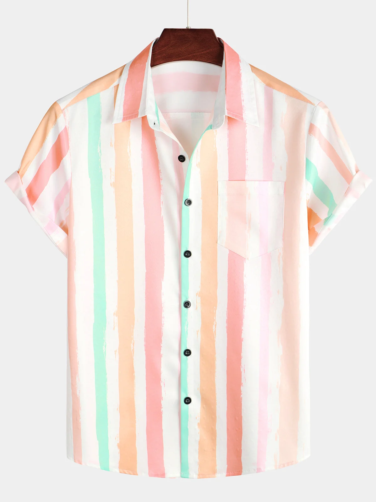 Men's Pink White Vertical Stripe Rainbow Button-Up Summer Short Sleeve Shirt