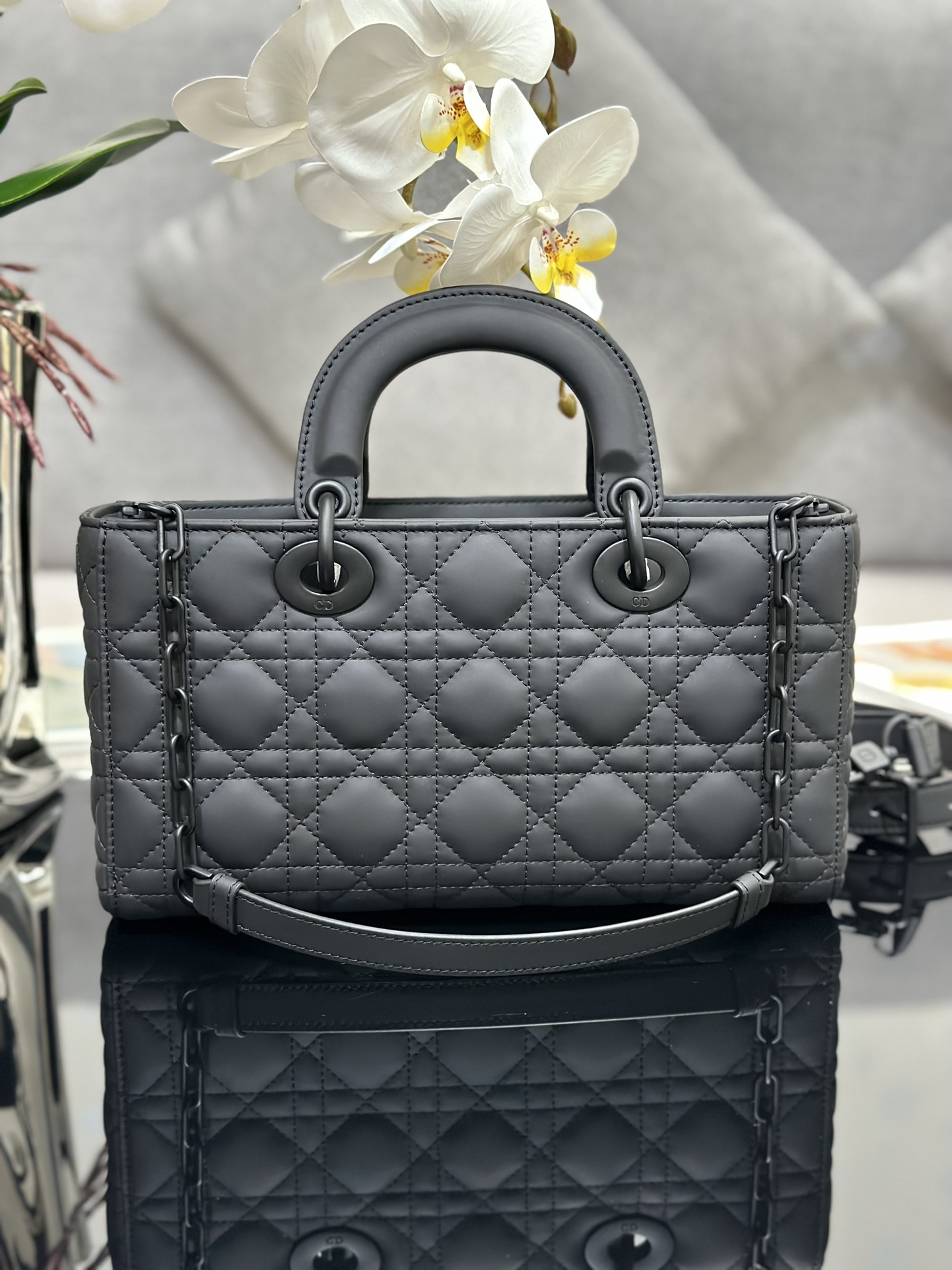 Medium Lady D-Joy Bag in Black Cannage Ultramatte Calfskin 
