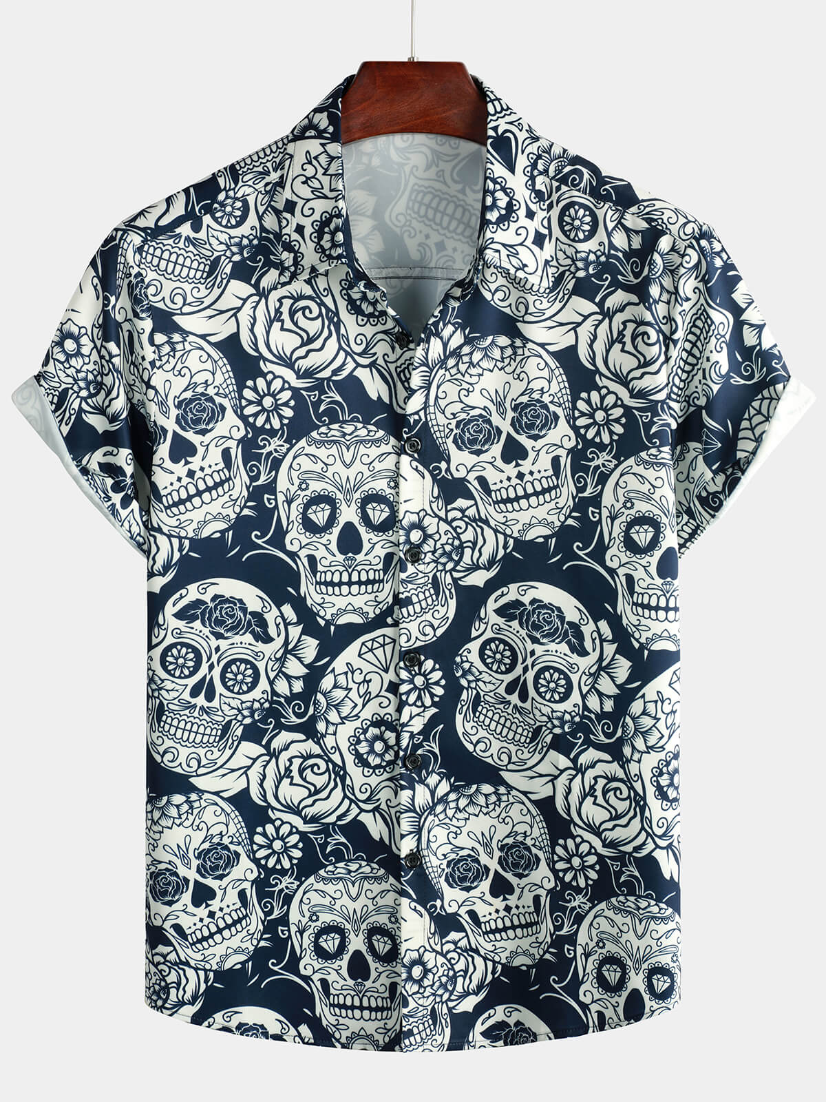 Men's Funny Sugar Skull Floral Print Hawaiian Button-Up Short Sleeve Shirt