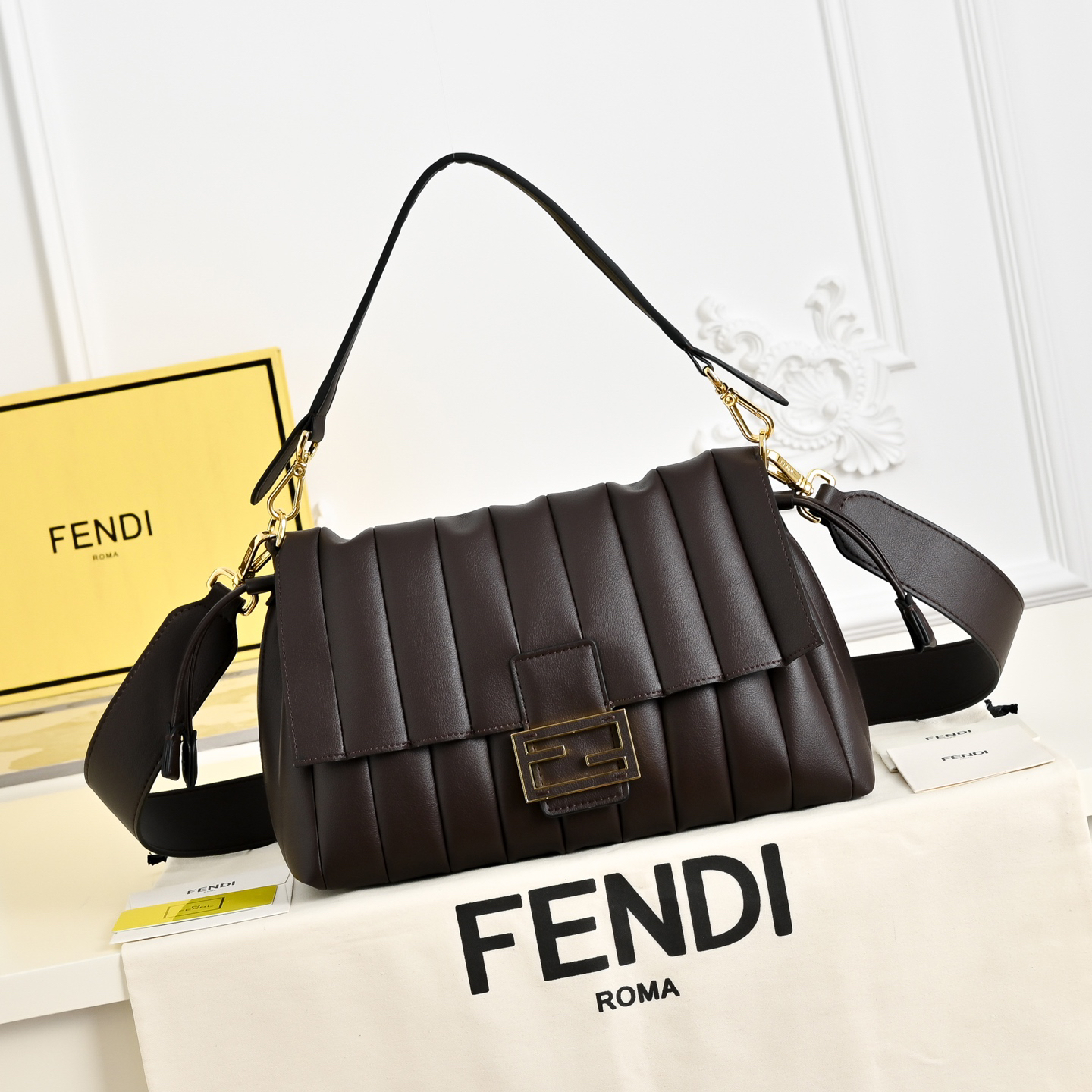 Fendi Black Pleated Leather Baguette Handbag - KAIROO