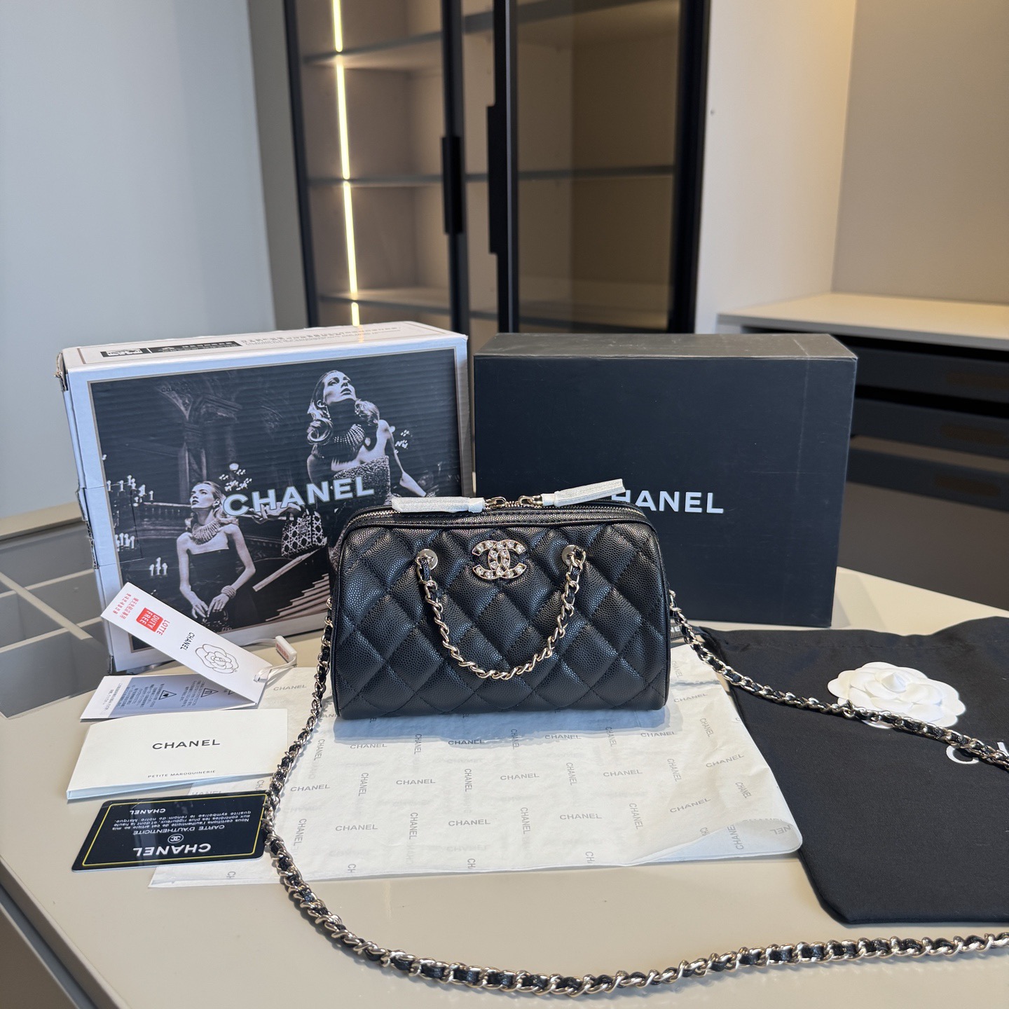 Chanel Mini Quilted Caviar Leather Crystal CC Logo Bowling Chain Link Handles Boston Bag - KAIROO