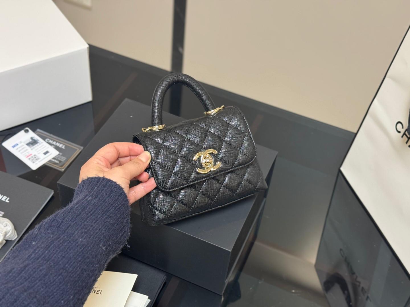 Chanel Black Leather Quilted Mini Flap Bag with Top Handle Gold Hardware