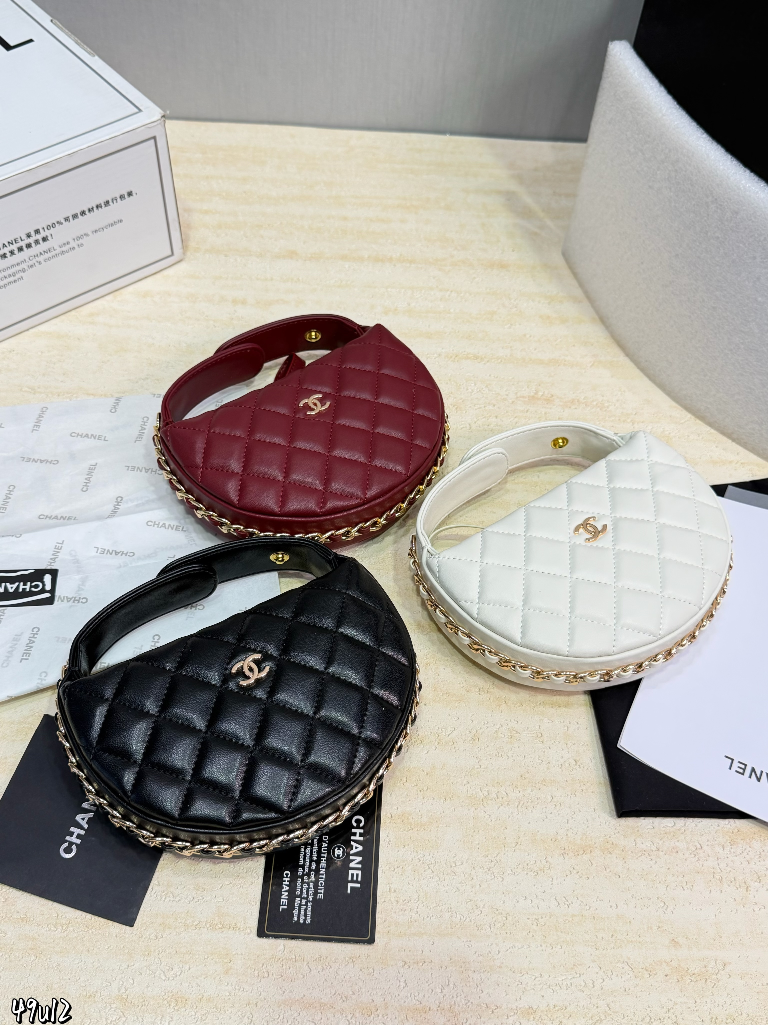 Chanel Mini Quilted Leather Chain-Trimmed Half-Moon Clutch Wristlet Hobo Shoulder Bag - KAIROO