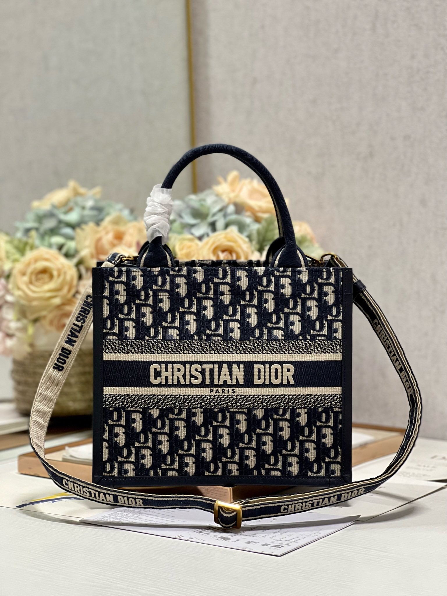 Dior Small Embroidered Book Tote with shoulder strap