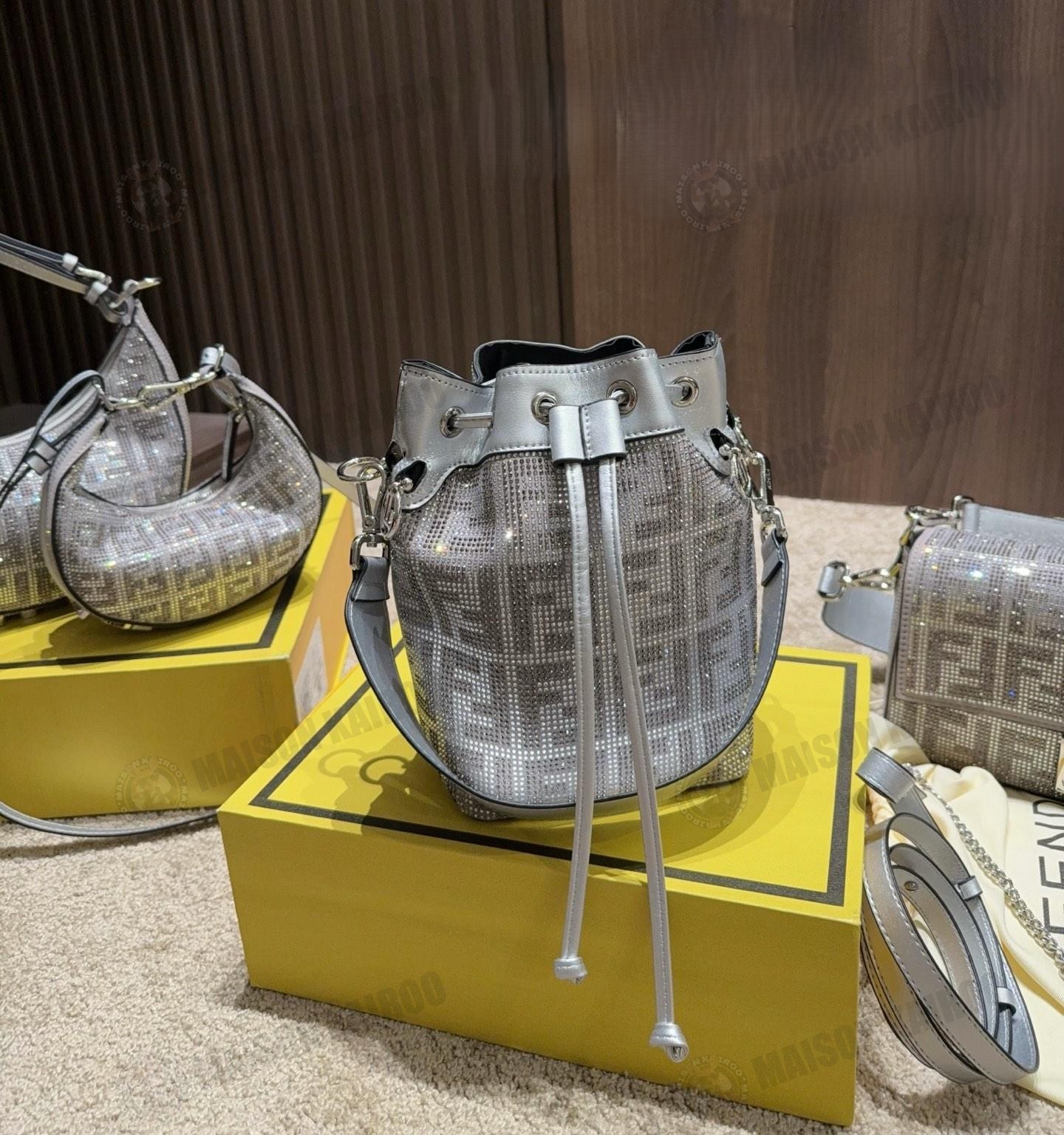 Fendi FF Mon Tresor Mini Silver Crystal Rhinestone Metallic Leather Bucket Shoulder Bags - KAIROO