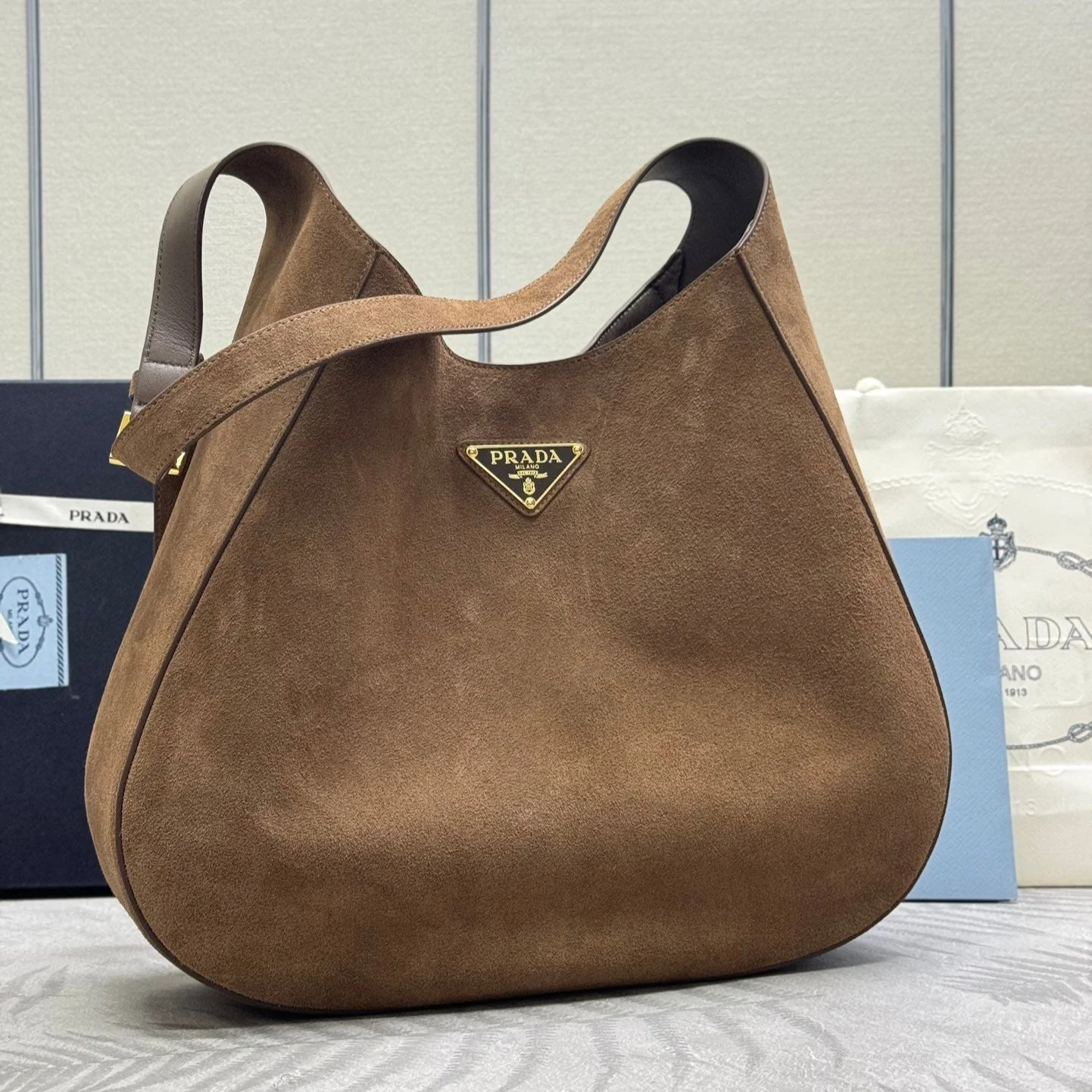 Prada LARGE SHOULDER BAG 40 IN RUSSET BROWN SUEDE