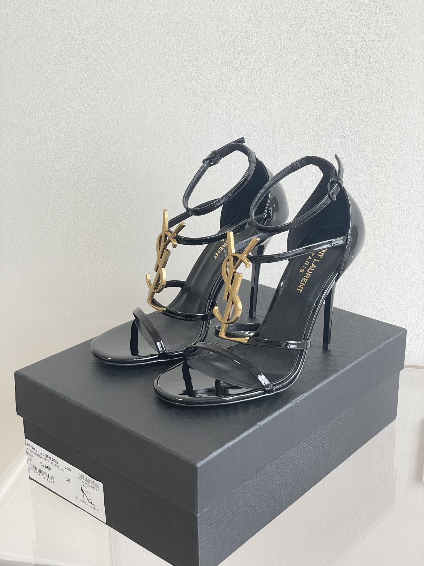 Saint Laurent Cassandra YSL Monogram Logo Strappy Patent Leather Ankle Strap Stiletto Sandal Heels - KAIROO