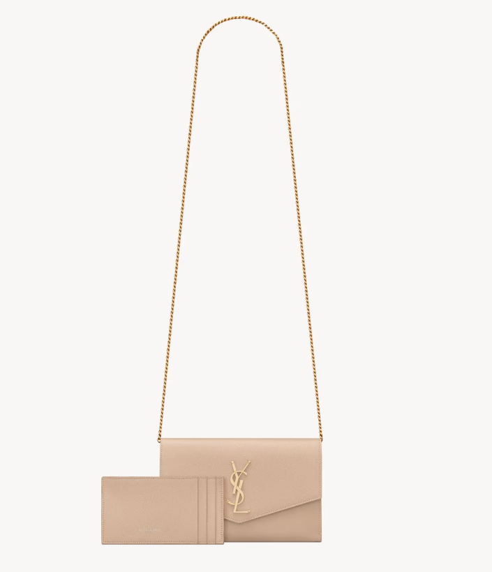 Saint Laurent Beige Uptown Chain Wallet in Grained leather