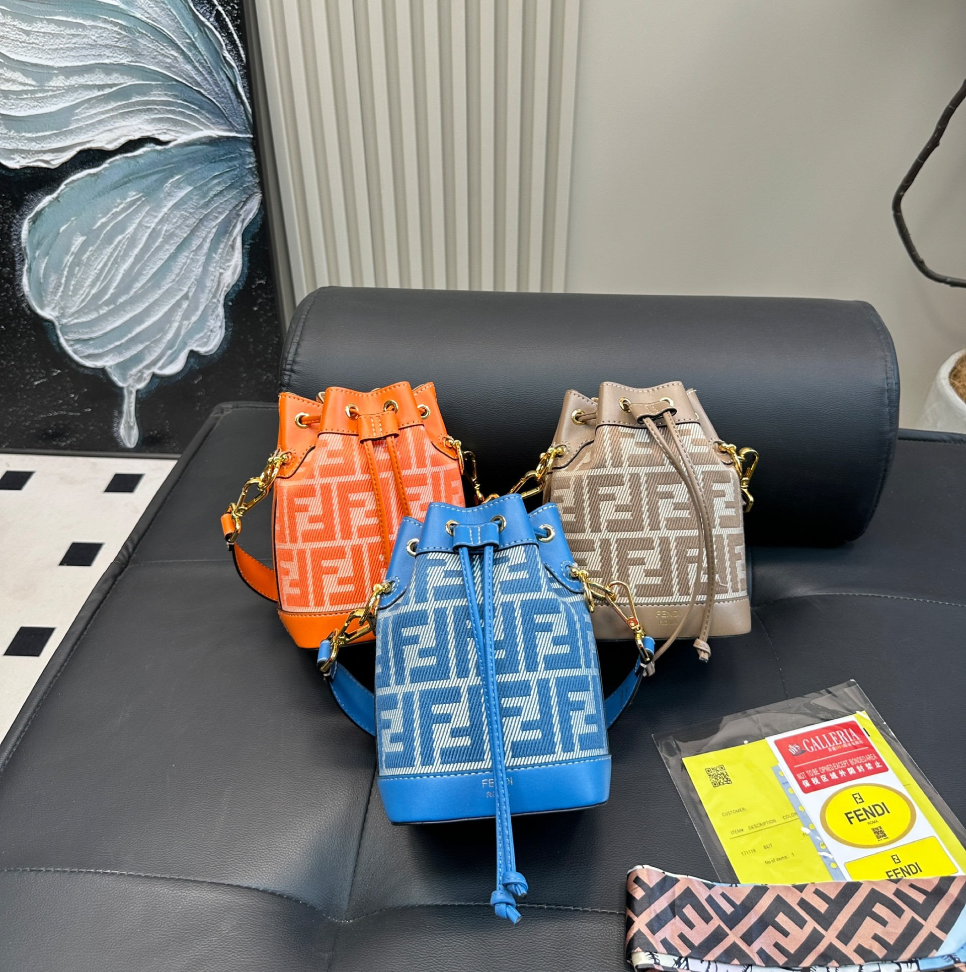 Fendi FF Mon Tresor Mini Jacquard Monogram Canvas Leather Drawstring Bucket Shoulder Bags - KAIROO