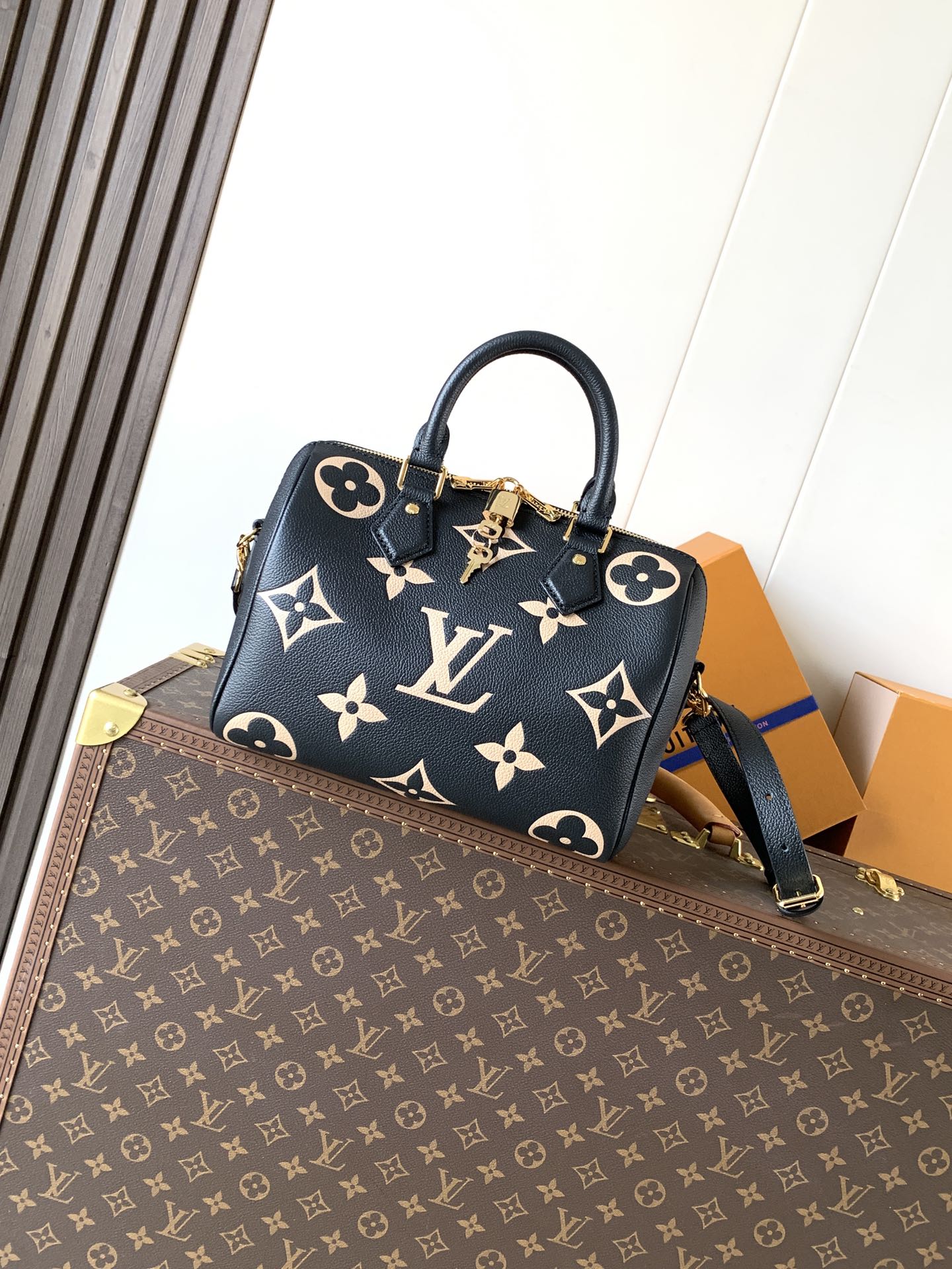 M58947 Speedy Bandouliere 25 in Black / Beige Embossed Grained leather
