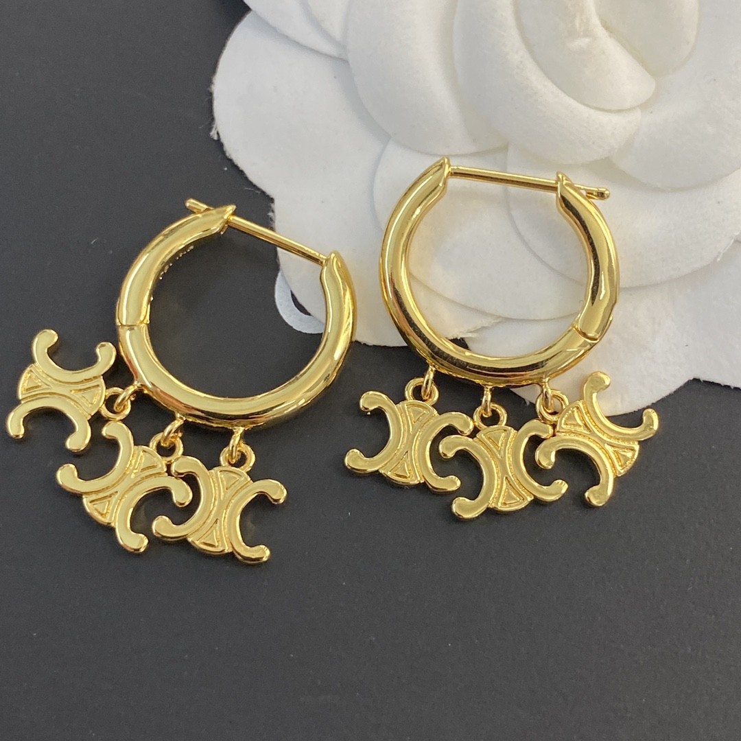 Celine Gold Finish Triple Triomphe Logo Charms Circular Hoop Earrings - KAIROO