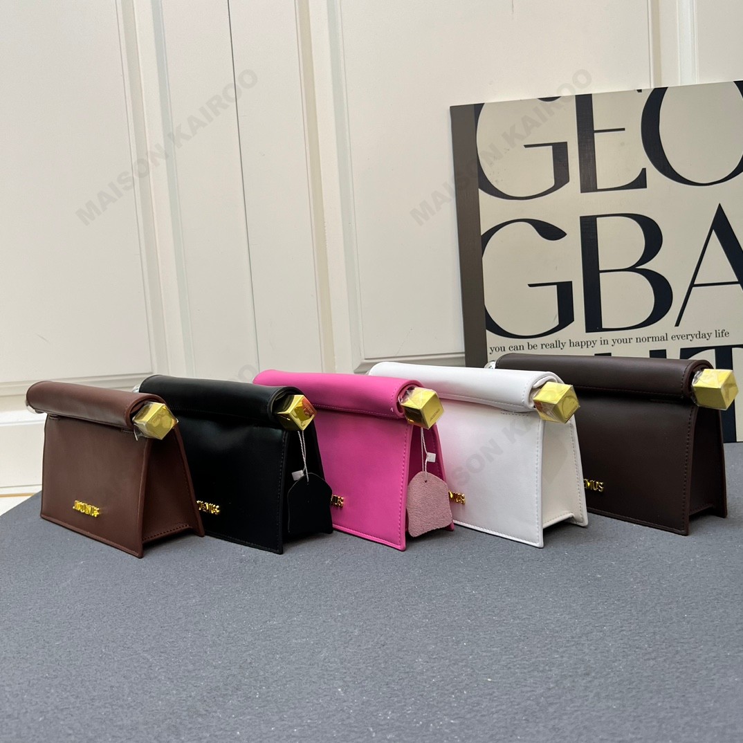 【10A】Jacquemus La Pochette Rond Carré Smooth Leather Roll Top Cube Gold Cap Takeout Clutch Shoulder Bag - KAIROO