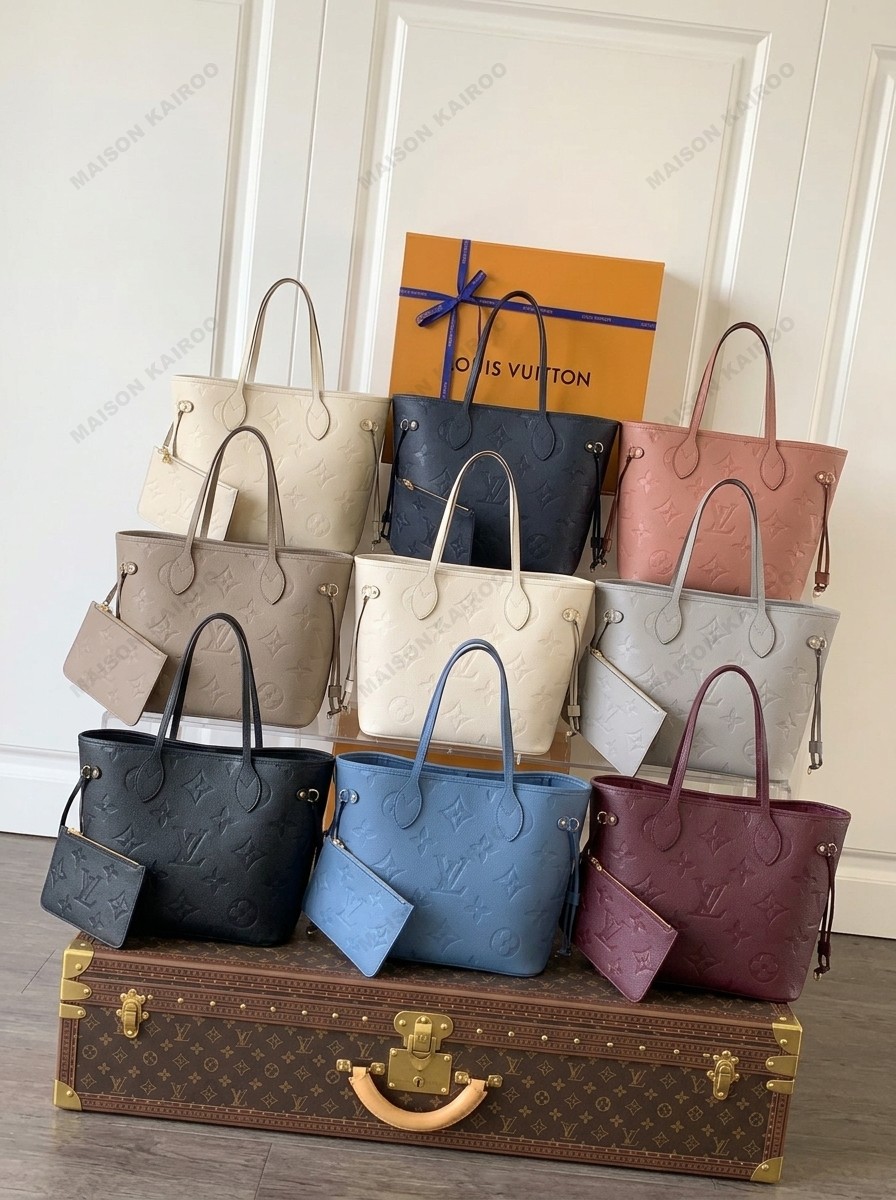 【10A】Louis Vuitton LV Neverfull MM Tone Oversize Embossed Monogram Leather Tote Top Handle Bag With Pouch - KAIROO