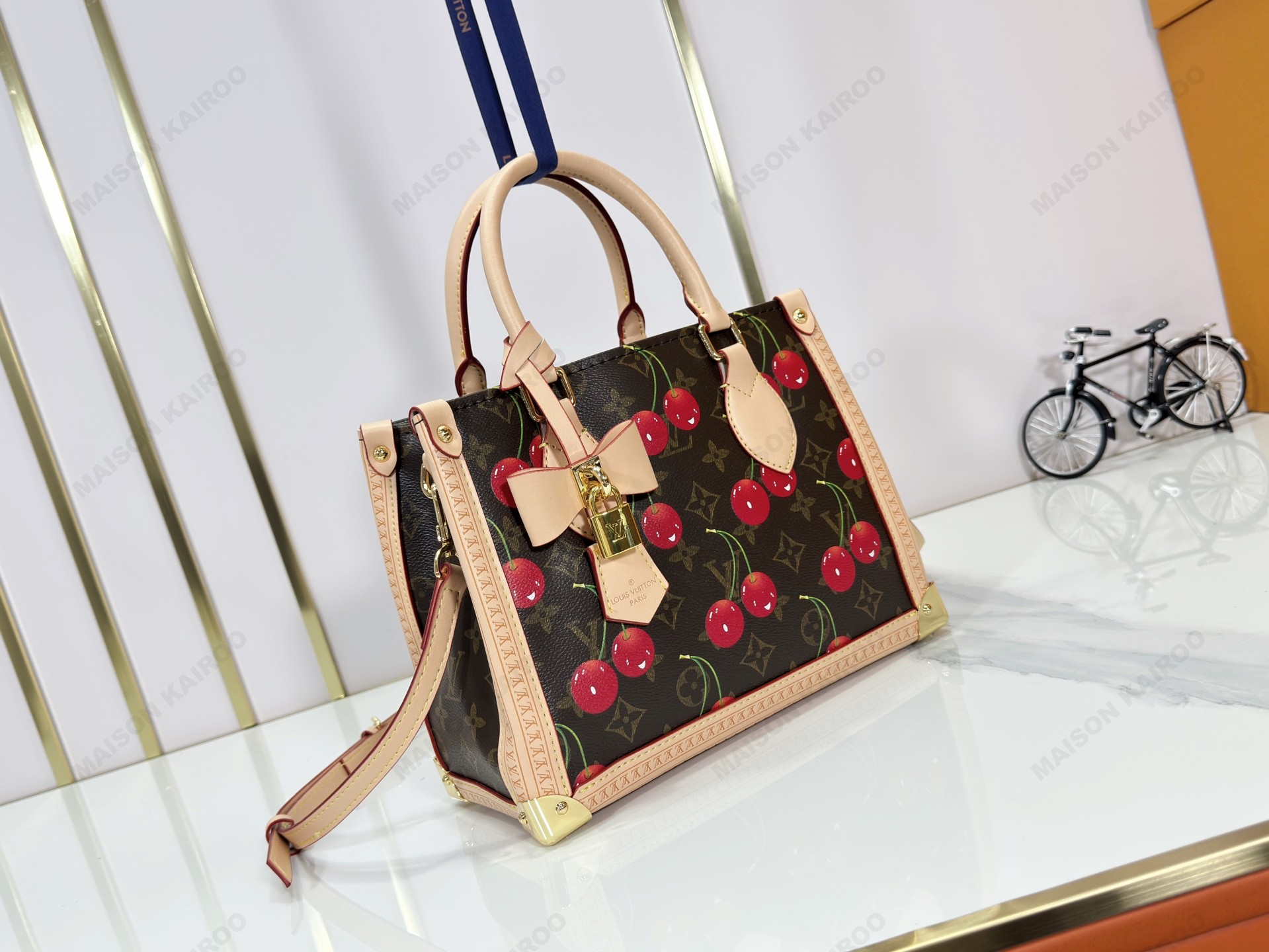 Louis Vuitton LV x TM OnTheGo PM Studded Trunk Corners Brown Cherry Monogram Top Handle Tote Bag - KAIROO