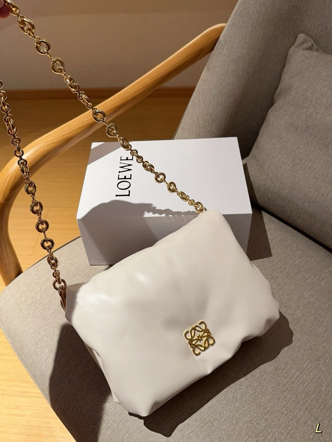 Loewe Puffer Goya Nappa Leather Donut Magnetic Flap Chain Anagram Logo Shoulder Bag - KAIROO