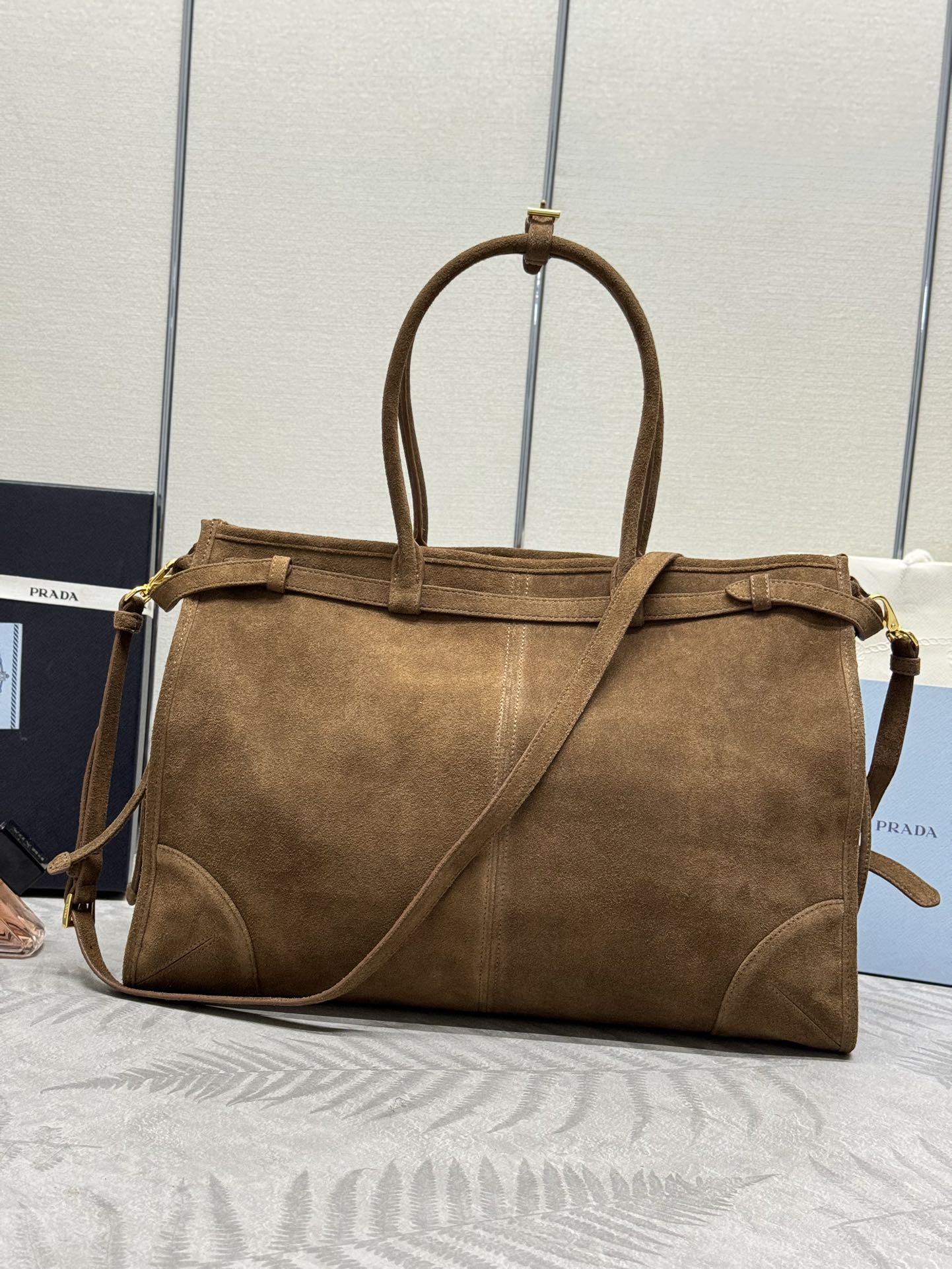 Prada TOTE BAG WITH 42 IN RUSSET BROWN SUEDE GOLD HARDWARE