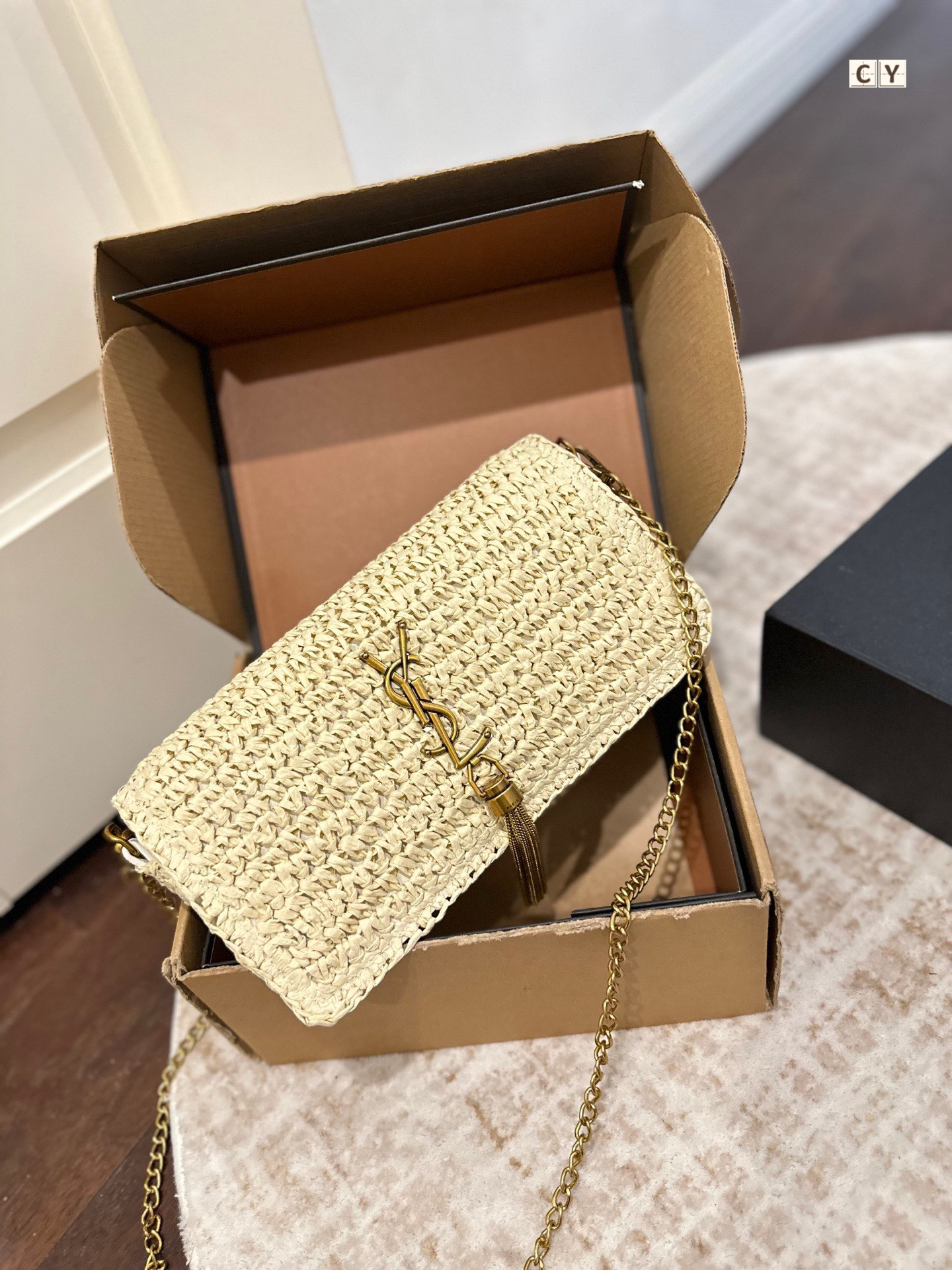 Saint Laurent YSL LouLou Crocheted Woven Raffia Gold Cassandre Tassel Chain Shoulder Bag - KAIROO