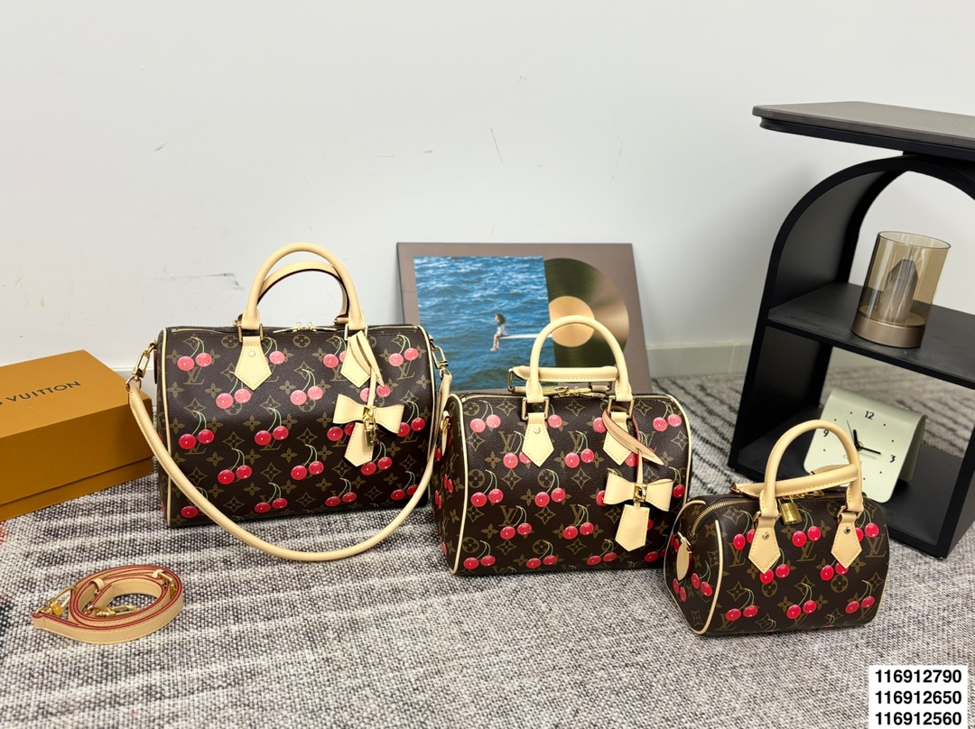 Louis Vuitton x Takashi Murakami Speedy 20/25/30 Cerises Black Monogram Canvas Boston Top Handle Bag - KAIROO