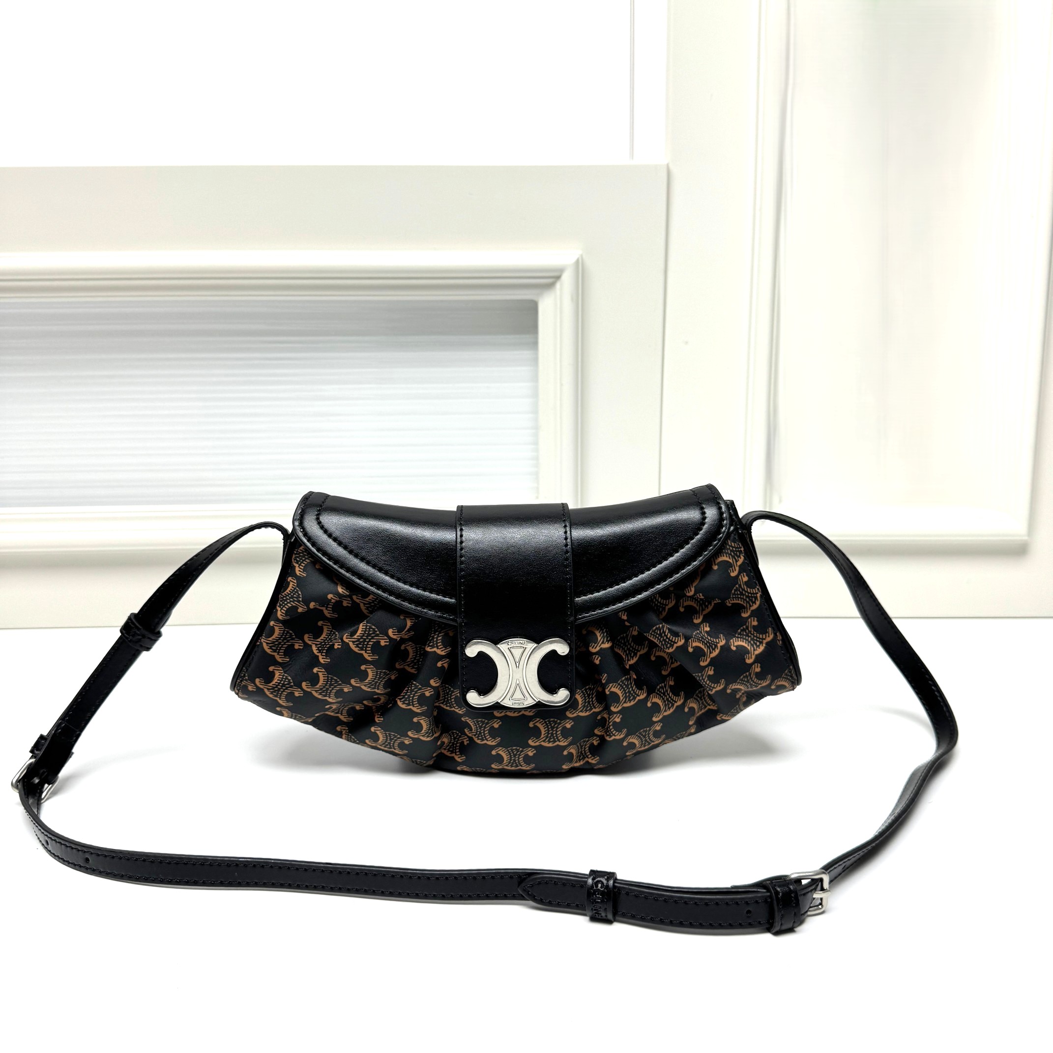 Celine Tan Teen Polly Heloise Triomphe Monogram Coated Silver Magnetic Flip-Lock Pleated Hobo Bag - KAIROO