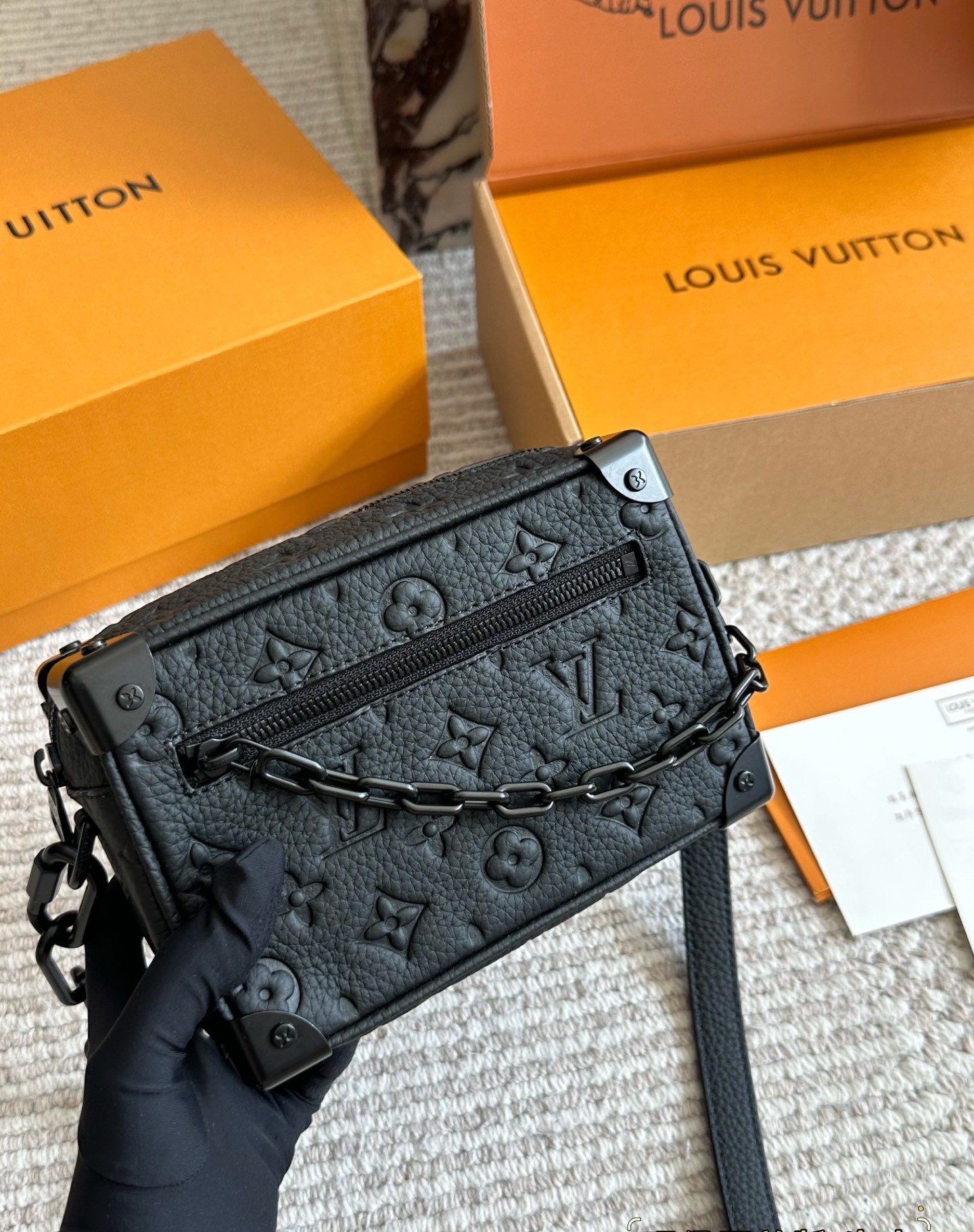 Louis Vuitton LV Mini Soft Trunk All Black Embossed Monogram Grained Leather Chain Shoulder Bag - KAIROO