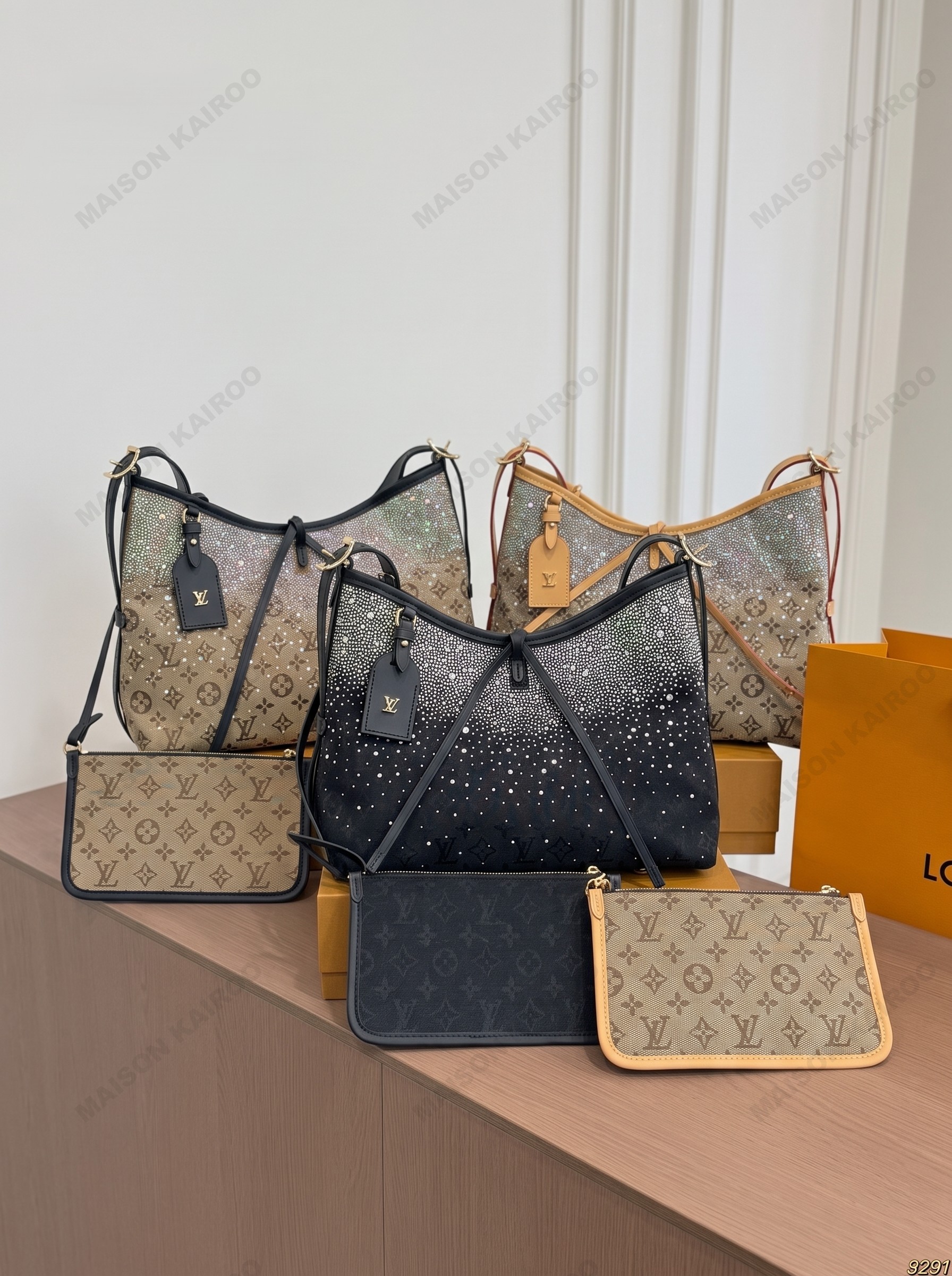 Louis Vuitton LV Carryall PM Gradient Crystal Monogram Canvas Bow Hobo Tote Shoulder Bag With Pouch - KAIROO