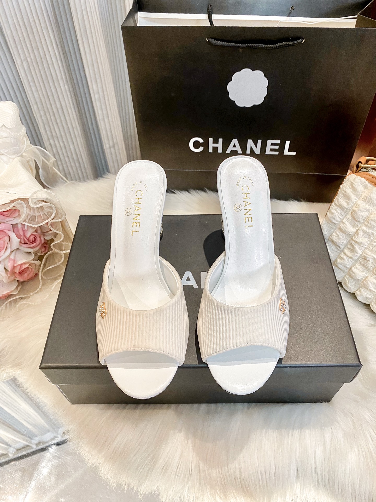 Chanel Pleated Grosgrain Open-Toe Elaborate Crystal Pearl Block Encrusted Heel Mule Sandals - KAIROO