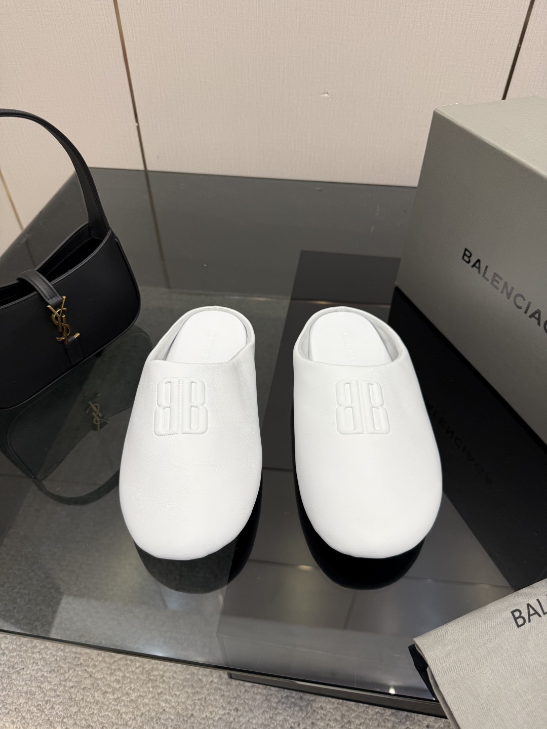 Balenciaga Cosy Embossed BB Logo Leather Round Toe Flat Mules Slippers - KAIROO