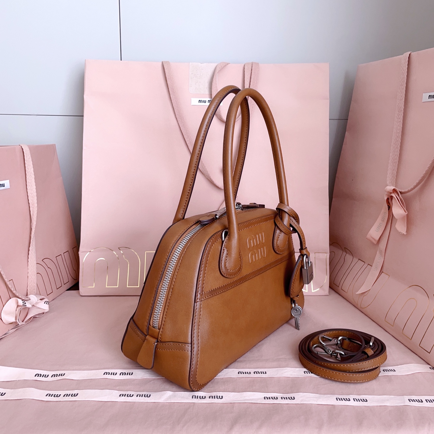 Miu Miu Small Cognac Vivant Leather bag 5BB200